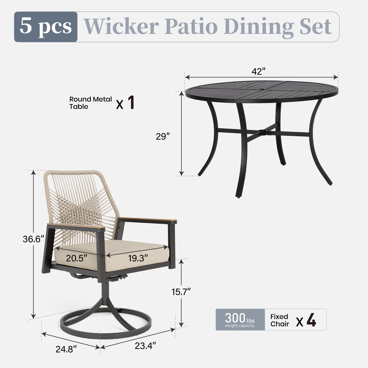 Captiva Designs 5pc Patio Dining Steel Set with Slat-top Round Table & Beige Rattan Chairs with Thick Cushions