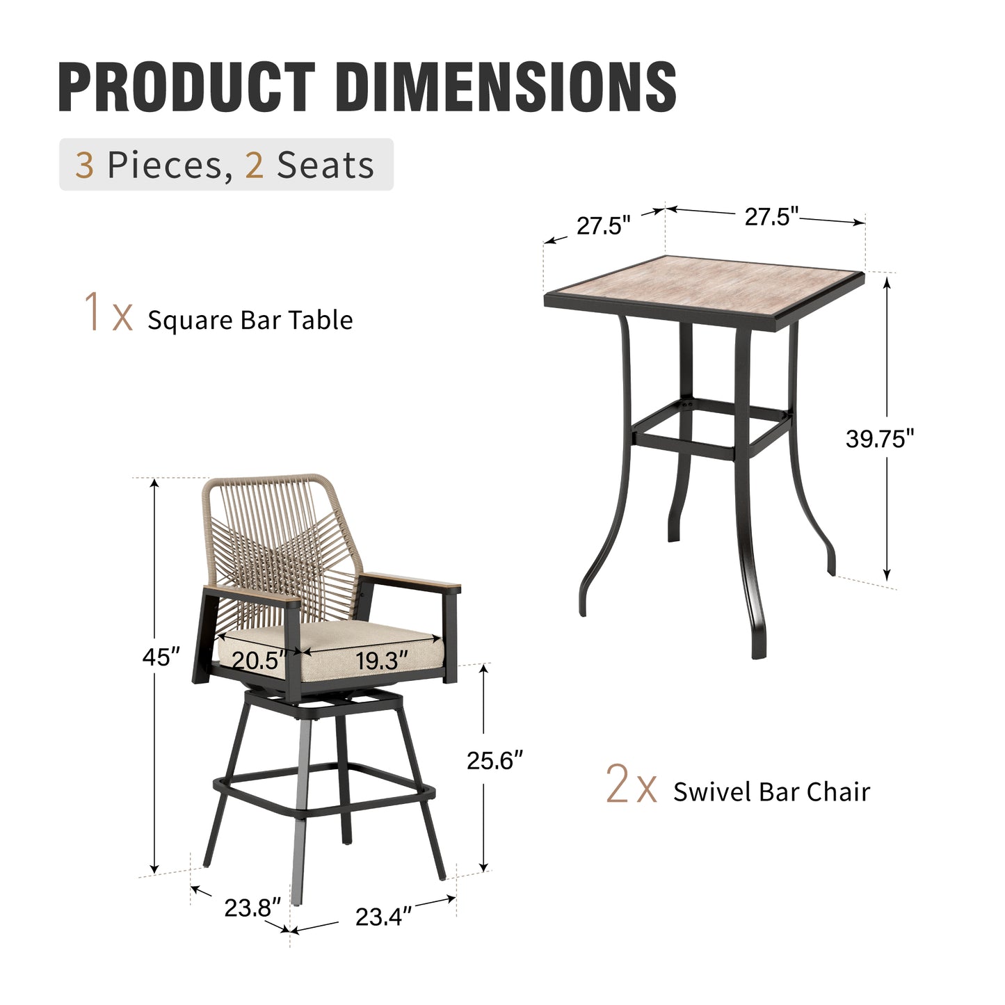 Captiva Designs Outdoor Patio Dining Bar Set with Steel Bar Table & Rattan Bar Stools with Cushions