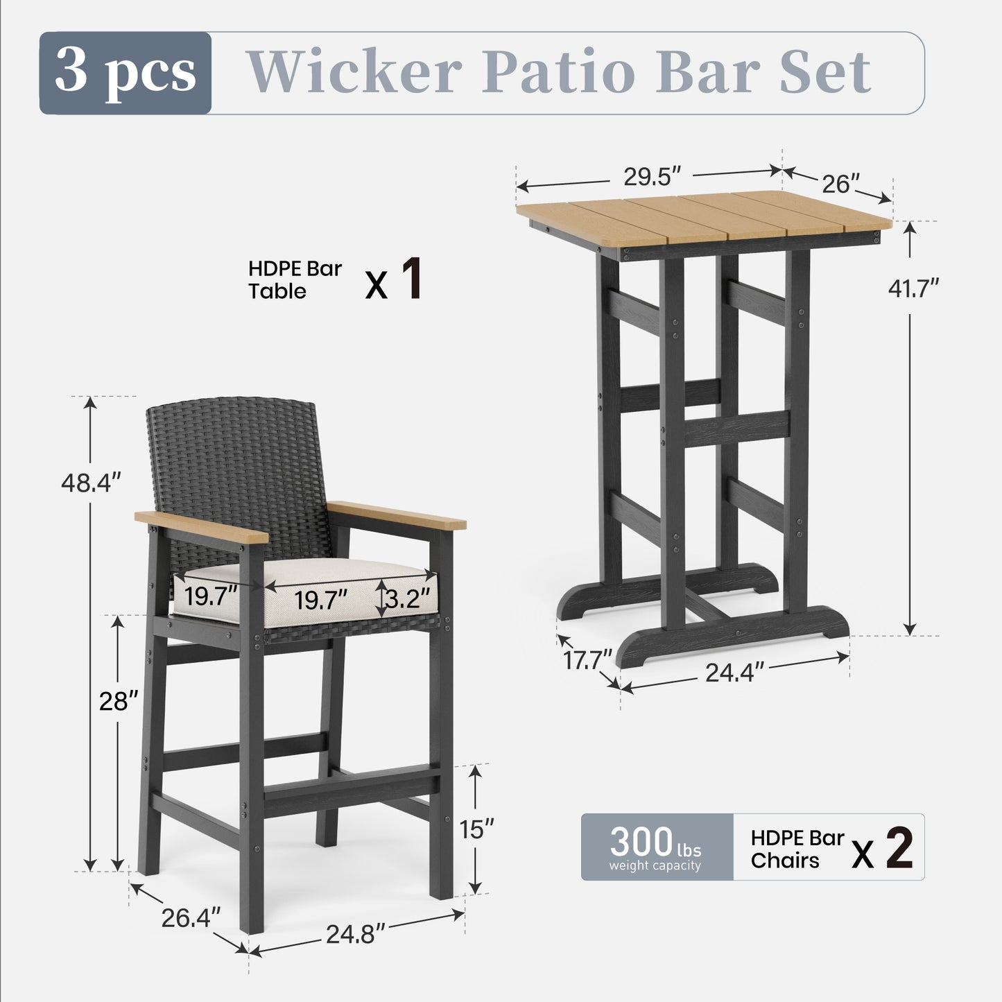 Captiva Designs 3Pc Outdoor Bistro Height Bar Table and 2 Bar Stools with Wicker Backrest and Comfy Cushion