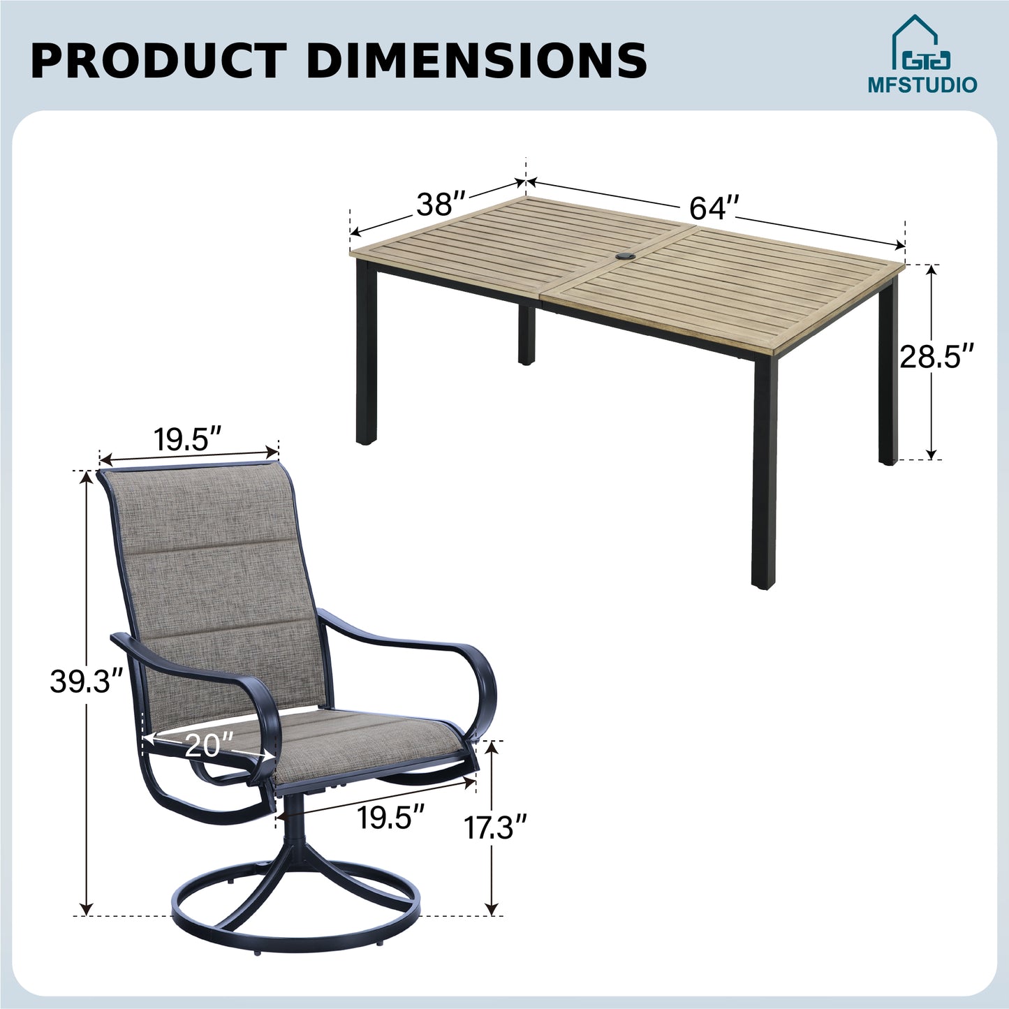 MFSTUDIO Patio Dining Set for 6, Patio Table and Chairs Set with Umbrella Hole, 7 Piece Outdoor Dining Set for Deck Backyard Garden