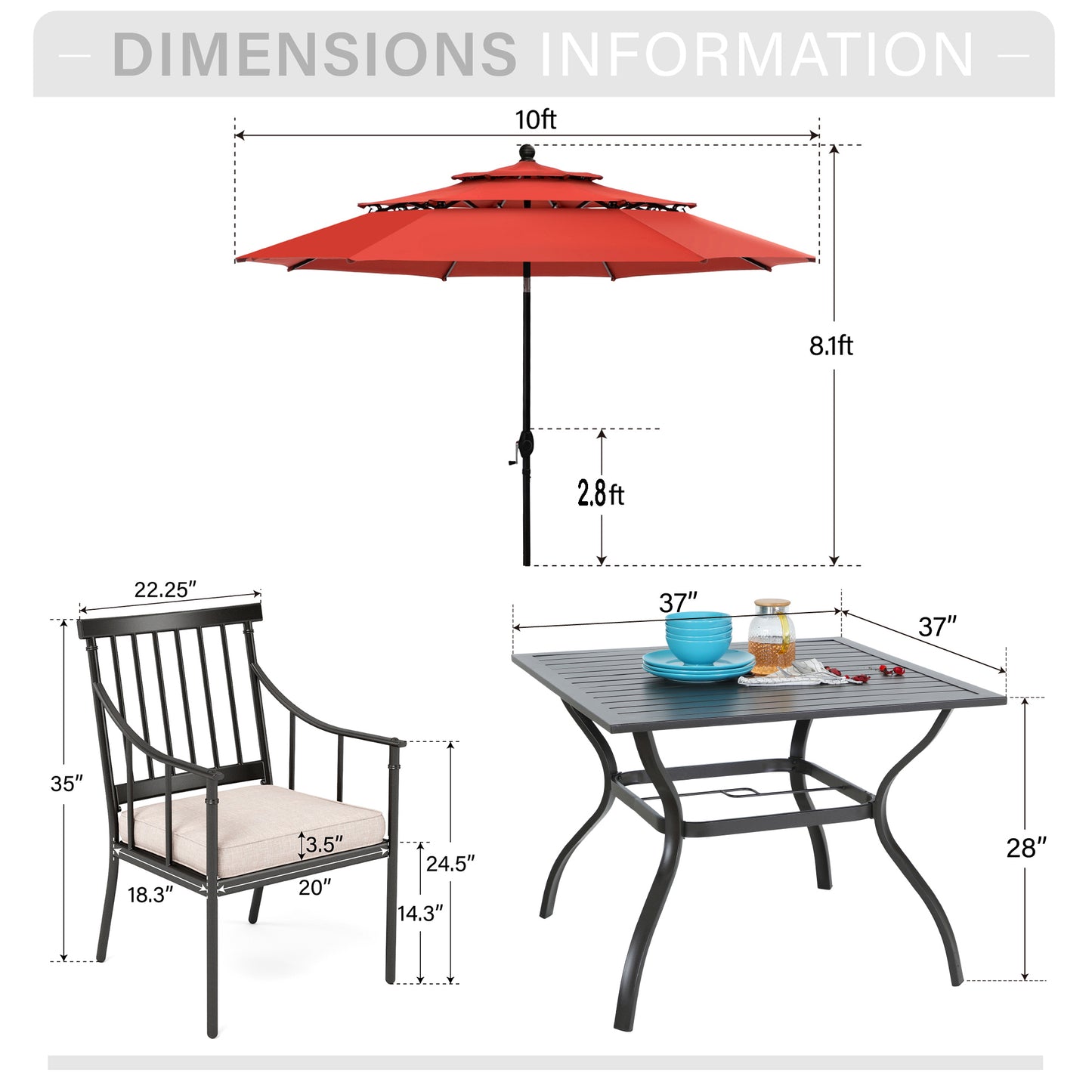 Captiva Designs 6pc Patio Square Steel Dining Table & Stylish Cushioned Chairs & 10ft Market Umbrella