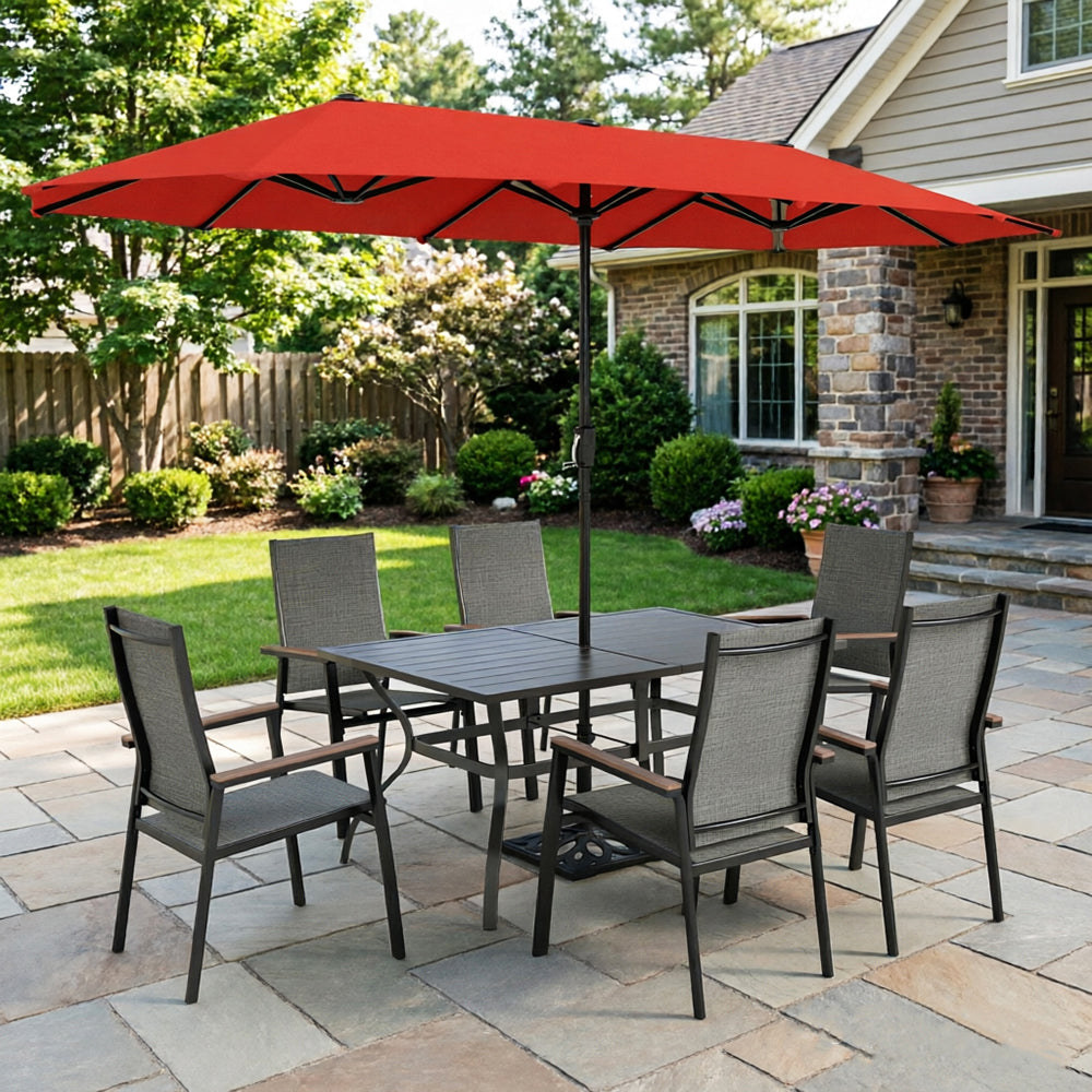 Captiva Designs 8pc Patio Dining Slat-top Steel Table & Aluminum Stackable Chairs & Market Umbrella