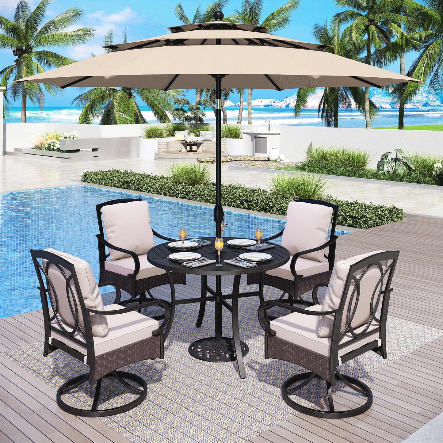 Captiva Designs 6pc Patio Slat-top Steel Table & Swivel Chairs with Thick Cushions & Beige 10ft Umbrella