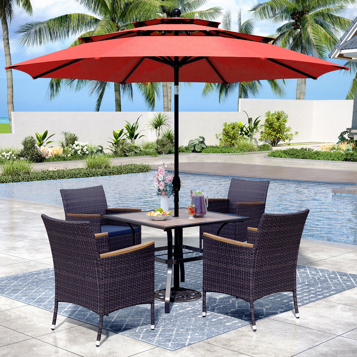 Captiva Designs 6pc Patio Slat-top Black Dining Table & Crescent Arm Rattan Chairs & Market Umbrella