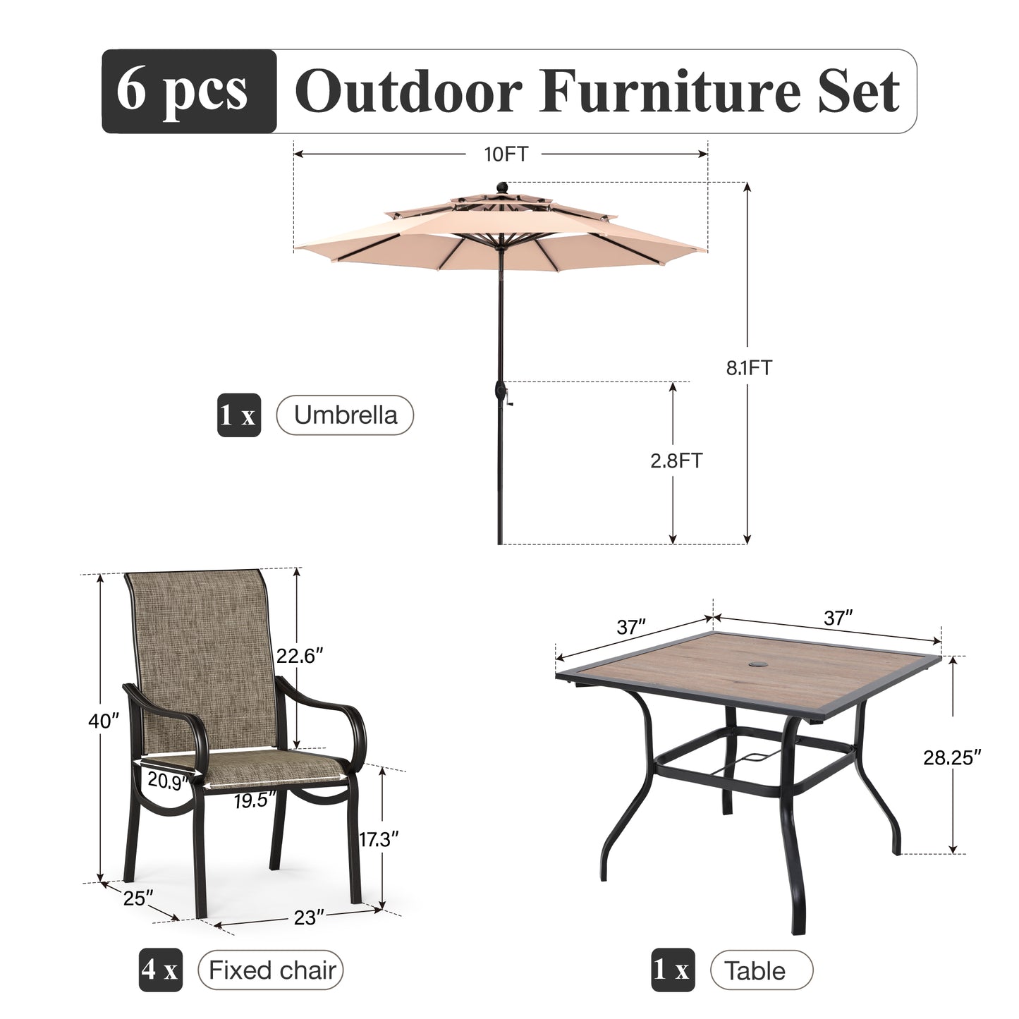 Captiva Designs 6pc Patio Dining Set with Square Steel Frame Table & Sling Chairs & Market Umbrella