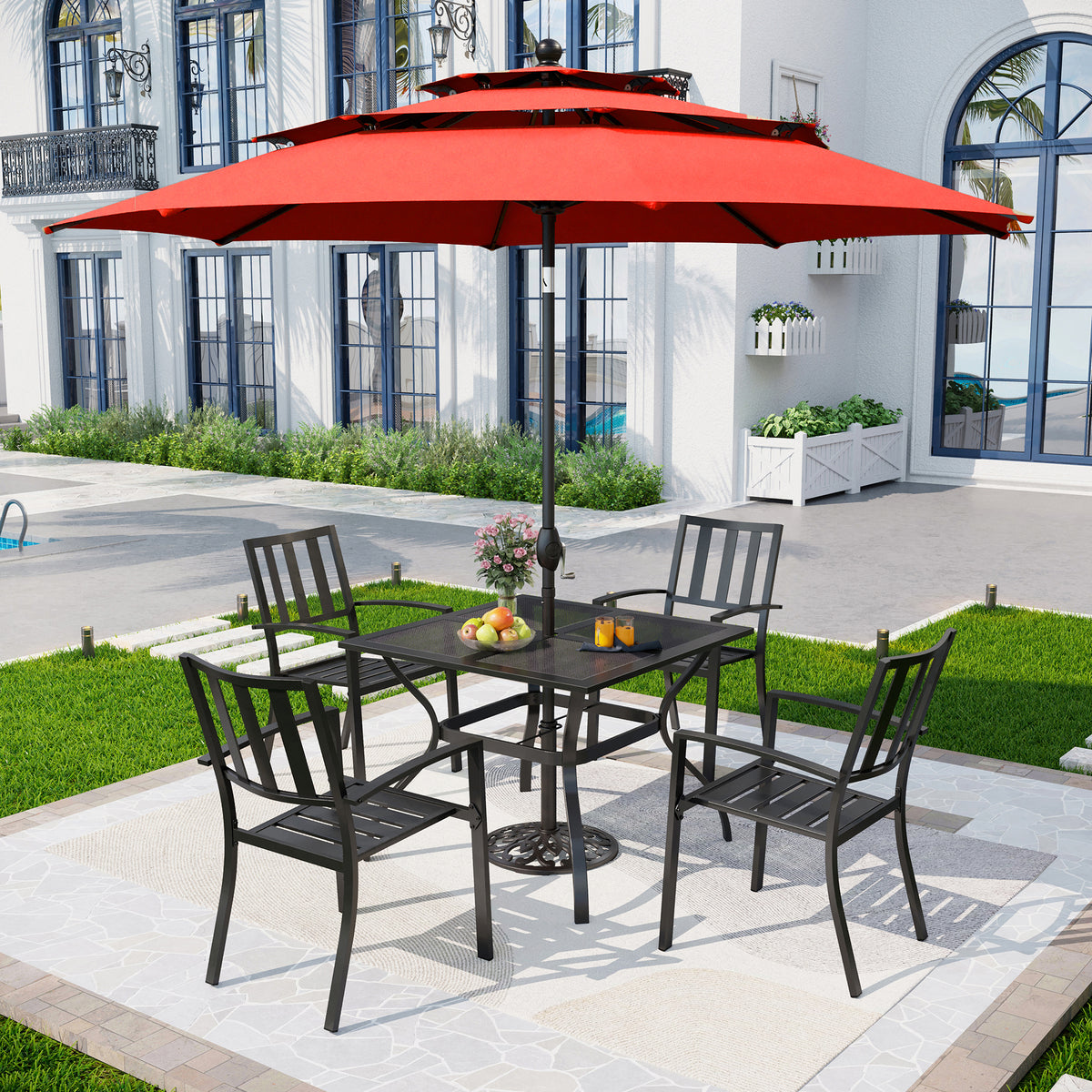 Captiva Designs 6pc Patio Mesh Top Square Steel Dining Table & Stackable Metal Chairs & Market Umbrella