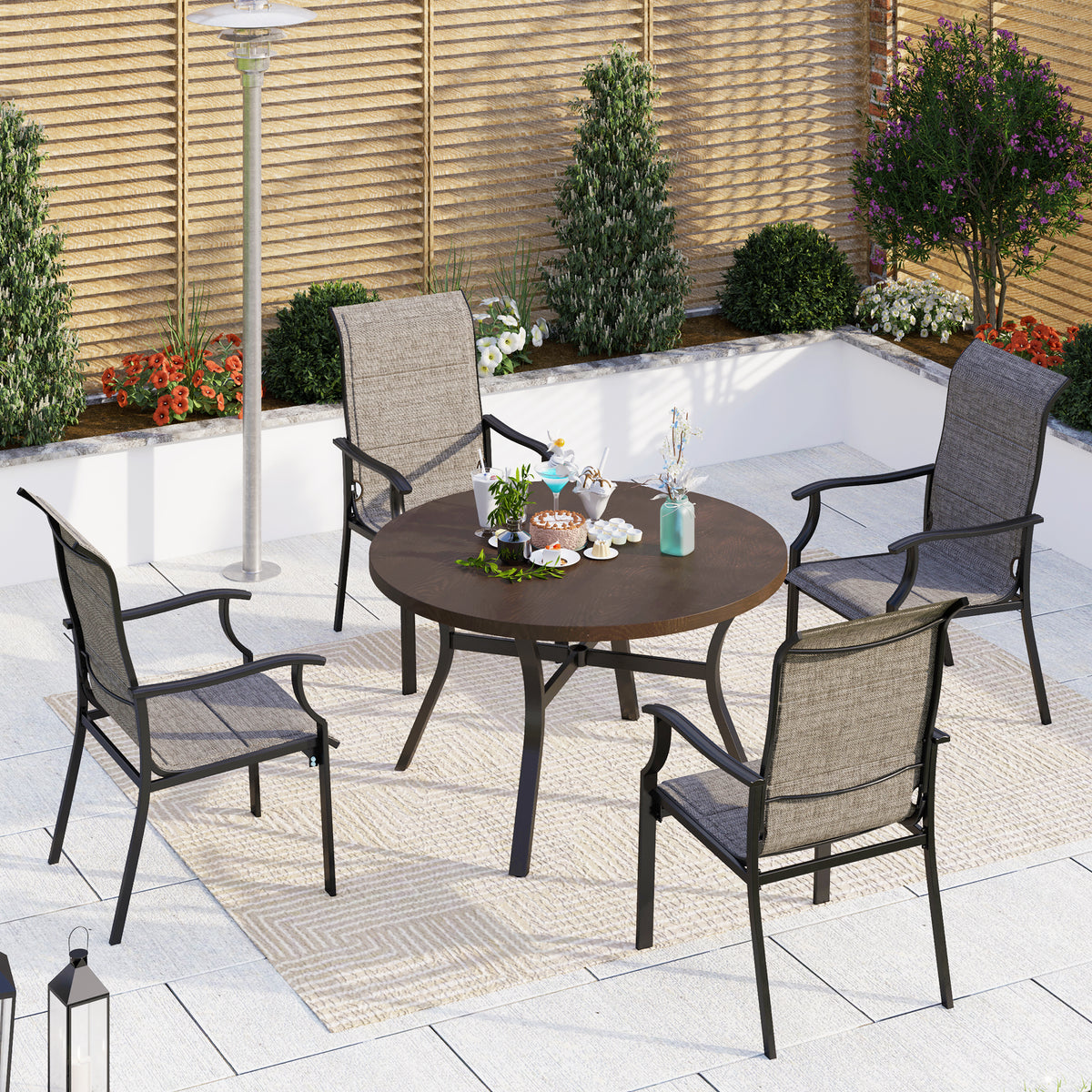Captiva Designs 5pc Patio Dining Round Wood-look Table with Umbrella Hole & Metal Chairs