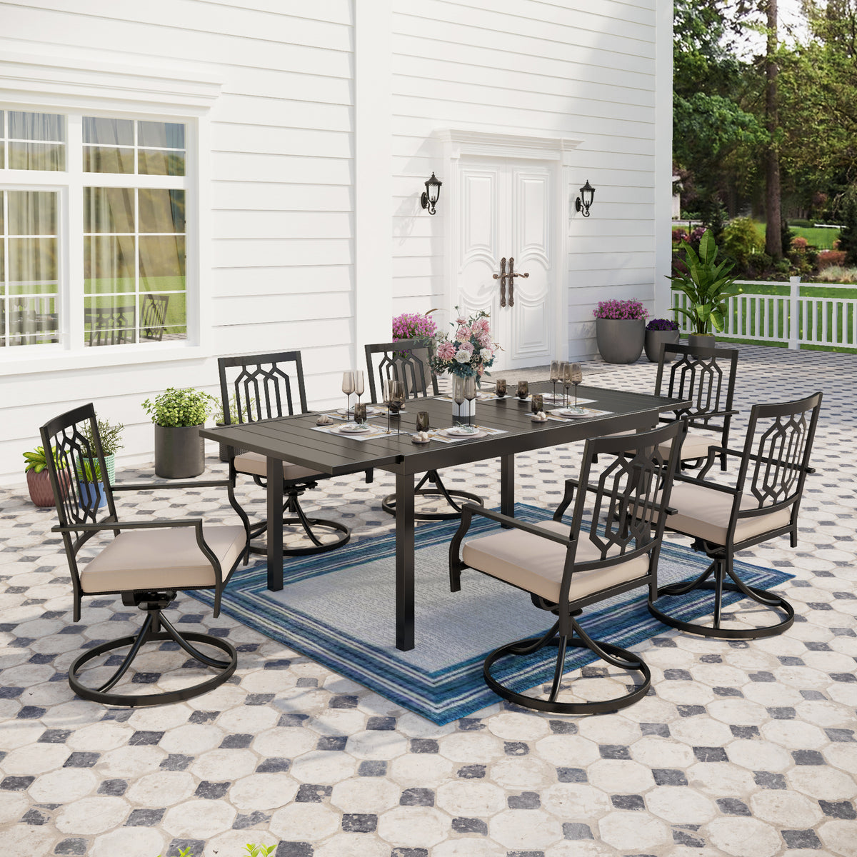 Captiva Designs 7pc Patio Slat-top Rectangle Dining Steel Table & Armrest Metal Chairs