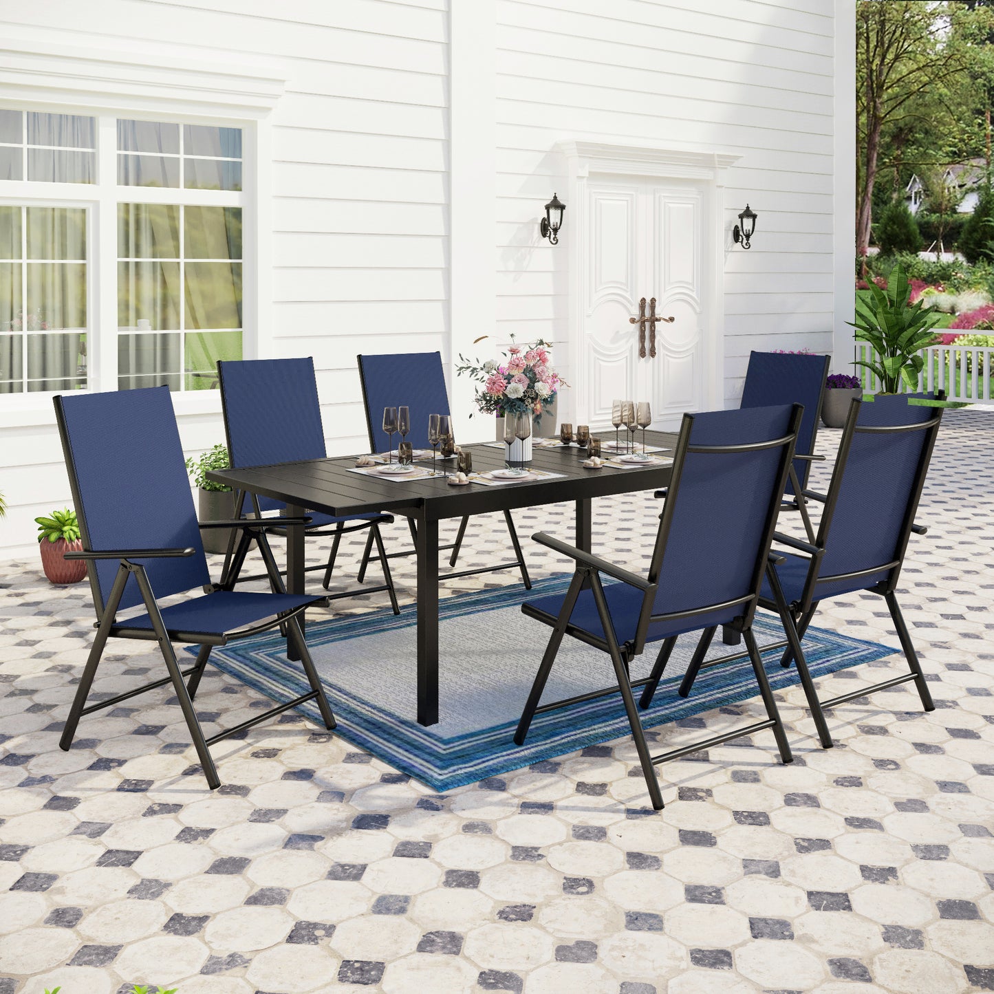 Captiva Designs 7pc Patio Dining Rectangular Steel Table & Pre-assembled Textilene Reclining Foldable Chairs