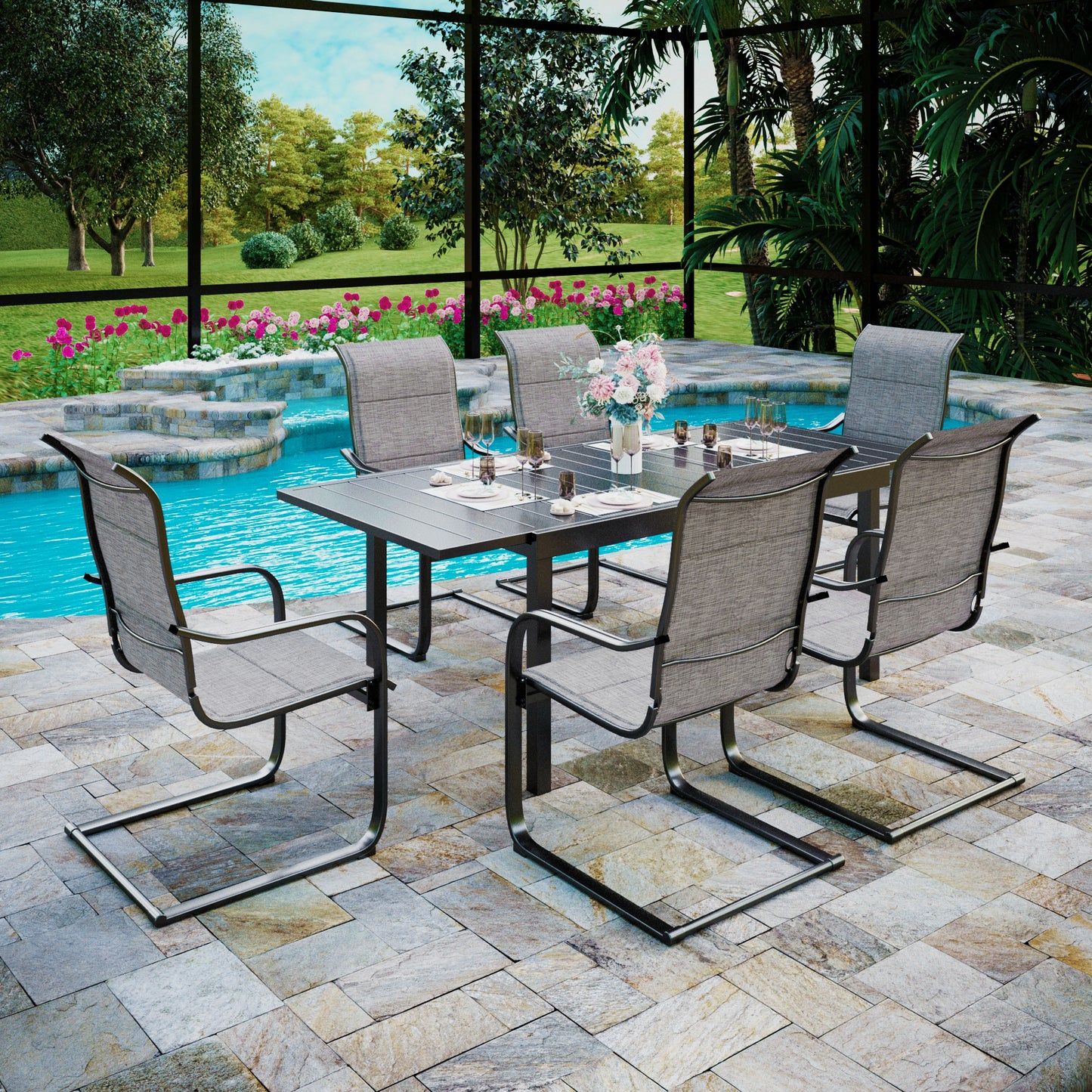 Captiva Designs 6pc Patio Mesh Tabletop Steel Dining Table & Blue Rattan Chairs & Market Umbrella