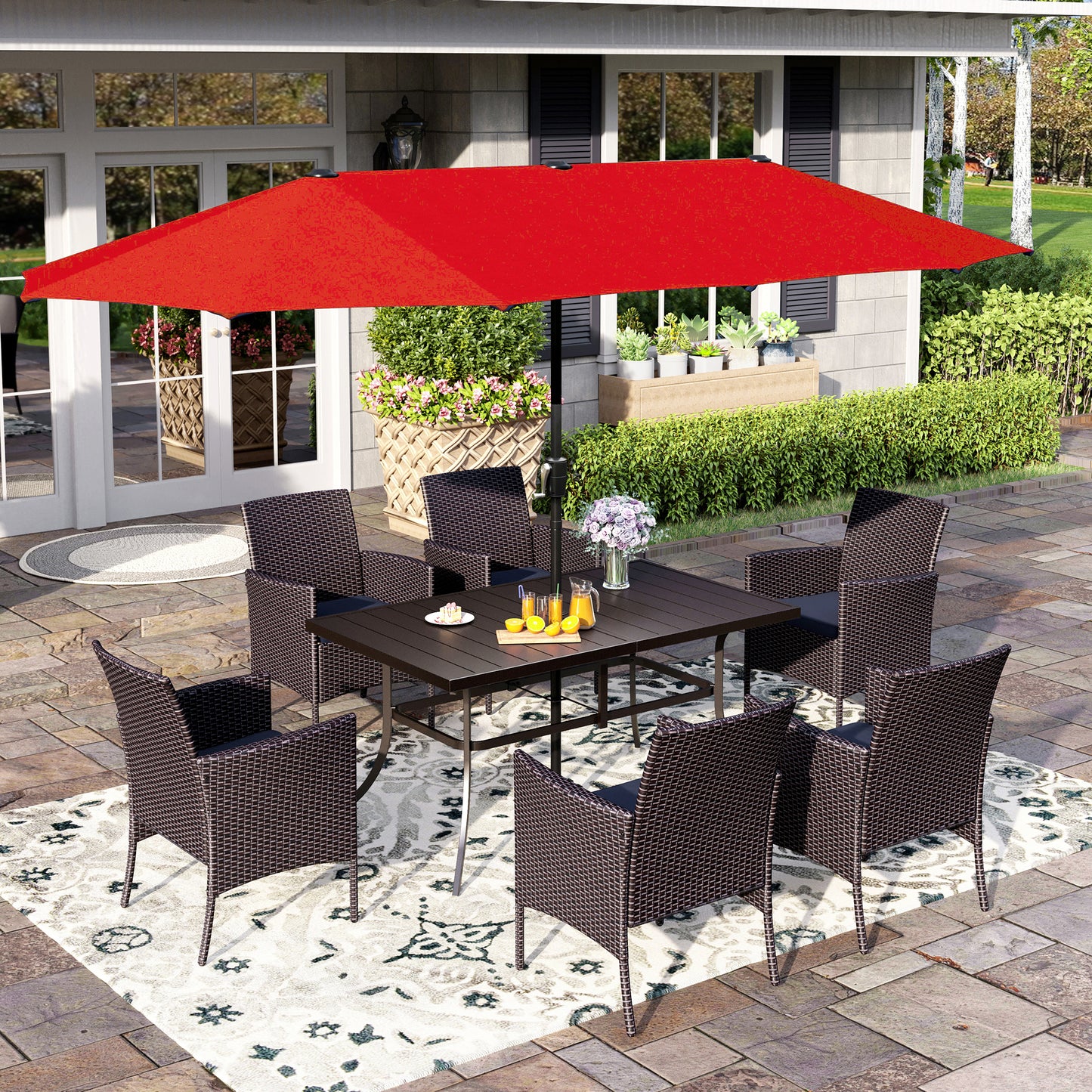 Captiva Designs 8pc Patio Slat-top Black Dining Table & Crescent Arm Rattan Chairs & Market Umbrella