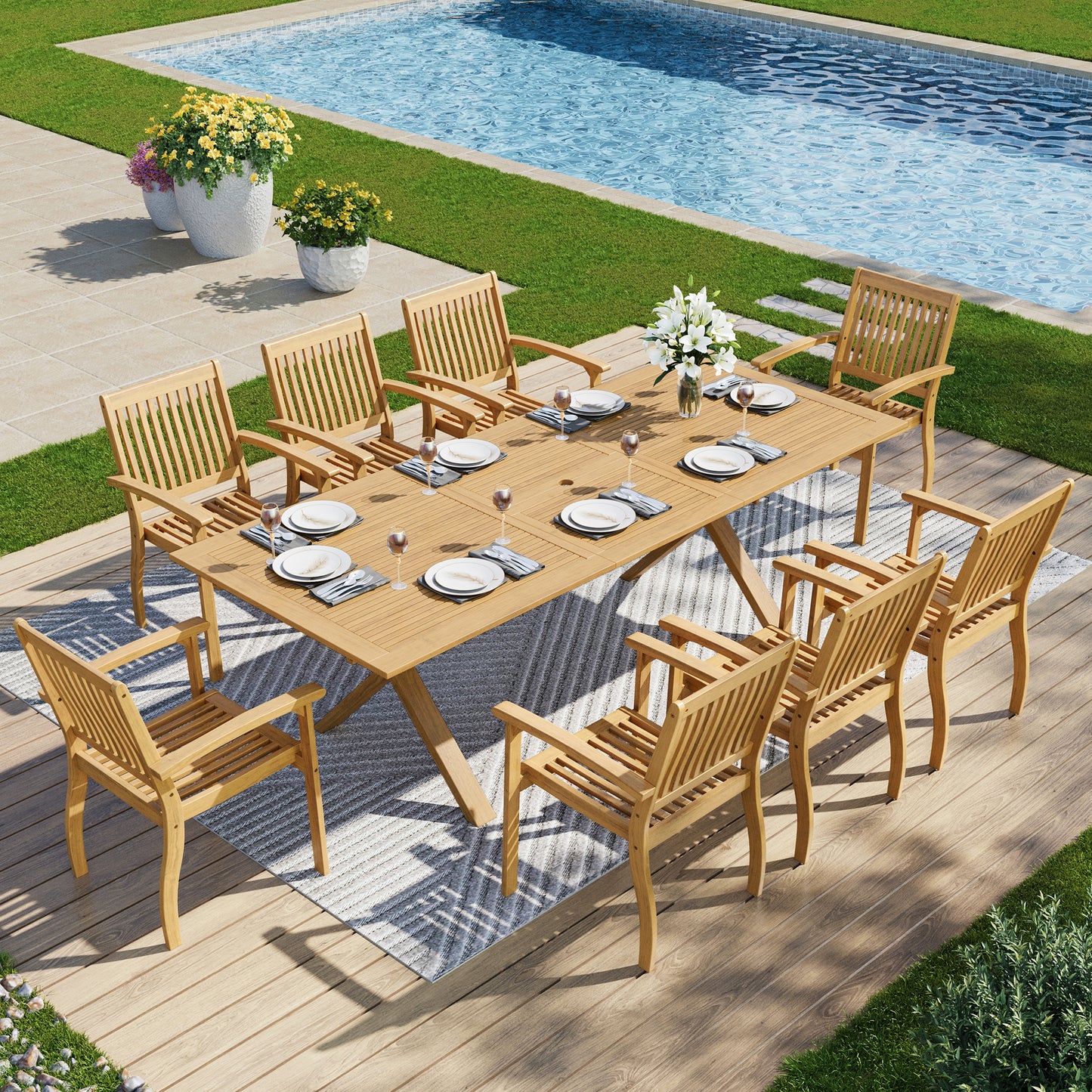 Captiva Designs 9pc Outdoor Patio Furniture Set with Rectangle Table and Armrest Chairs