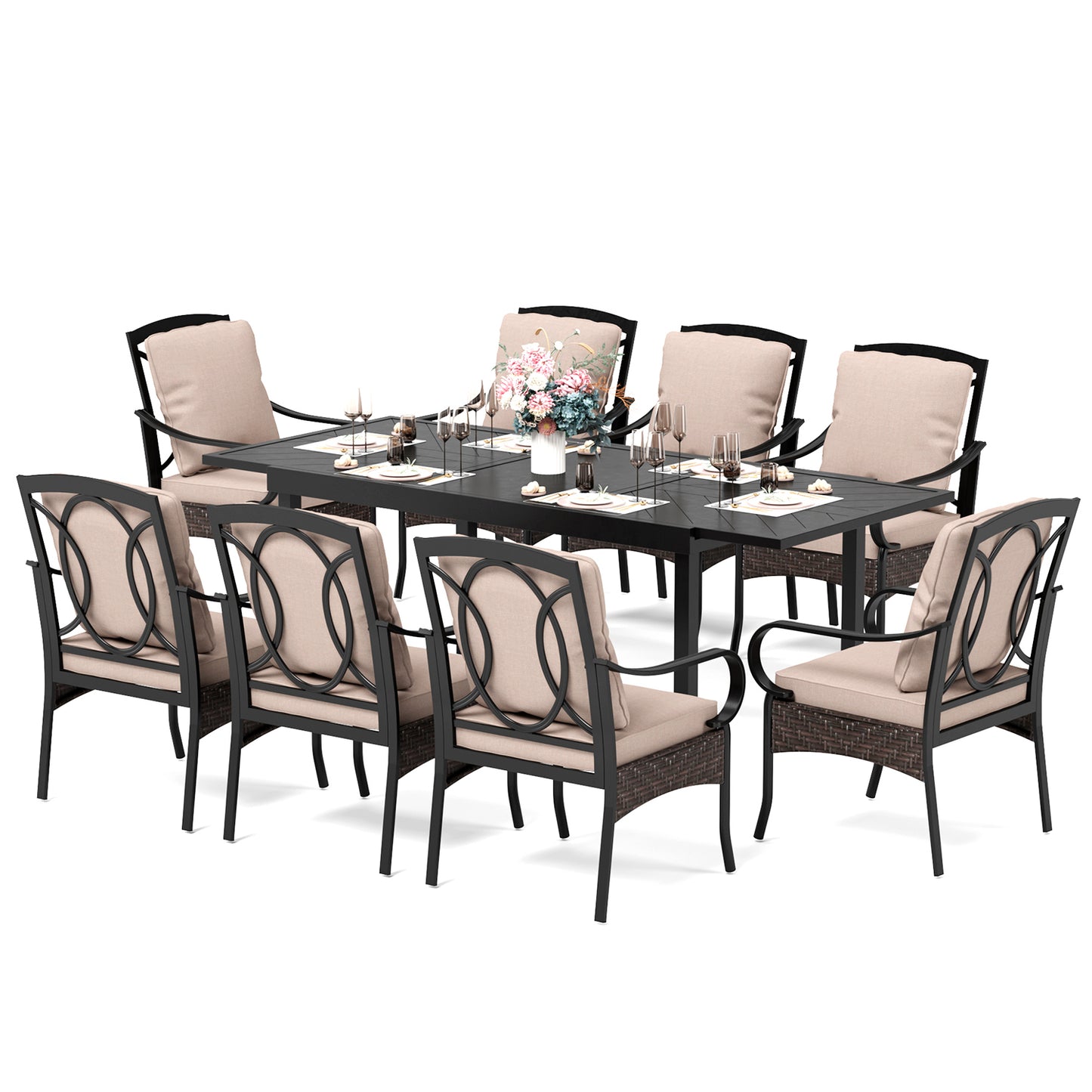 Captiva Designs 9pc Patio Dining Extendable Steel Rectangle Table & Rattan Metal Arm Chairs