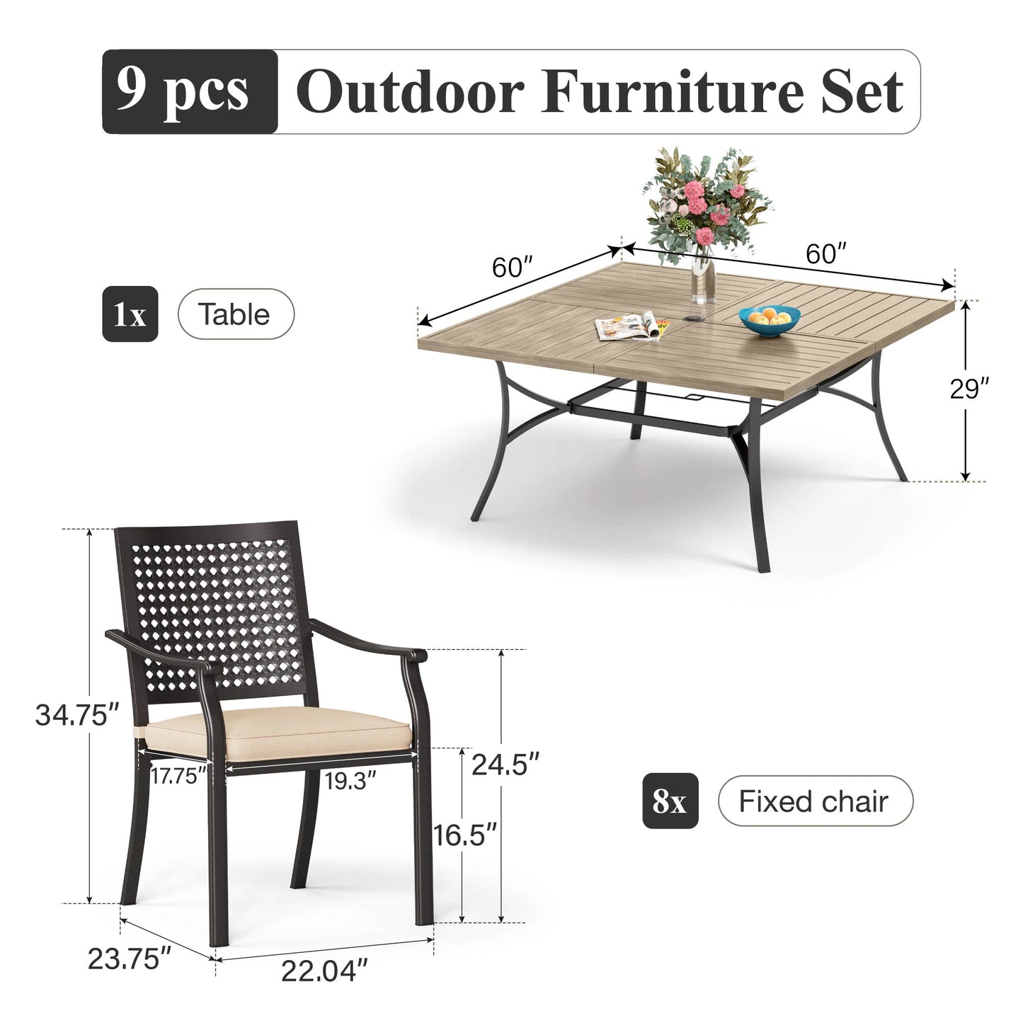 Captiva Designs 9pc Spacious Slat-top Square Metal Table with Umbrella Hole & Metal Stackable Chairs with Perforated Back