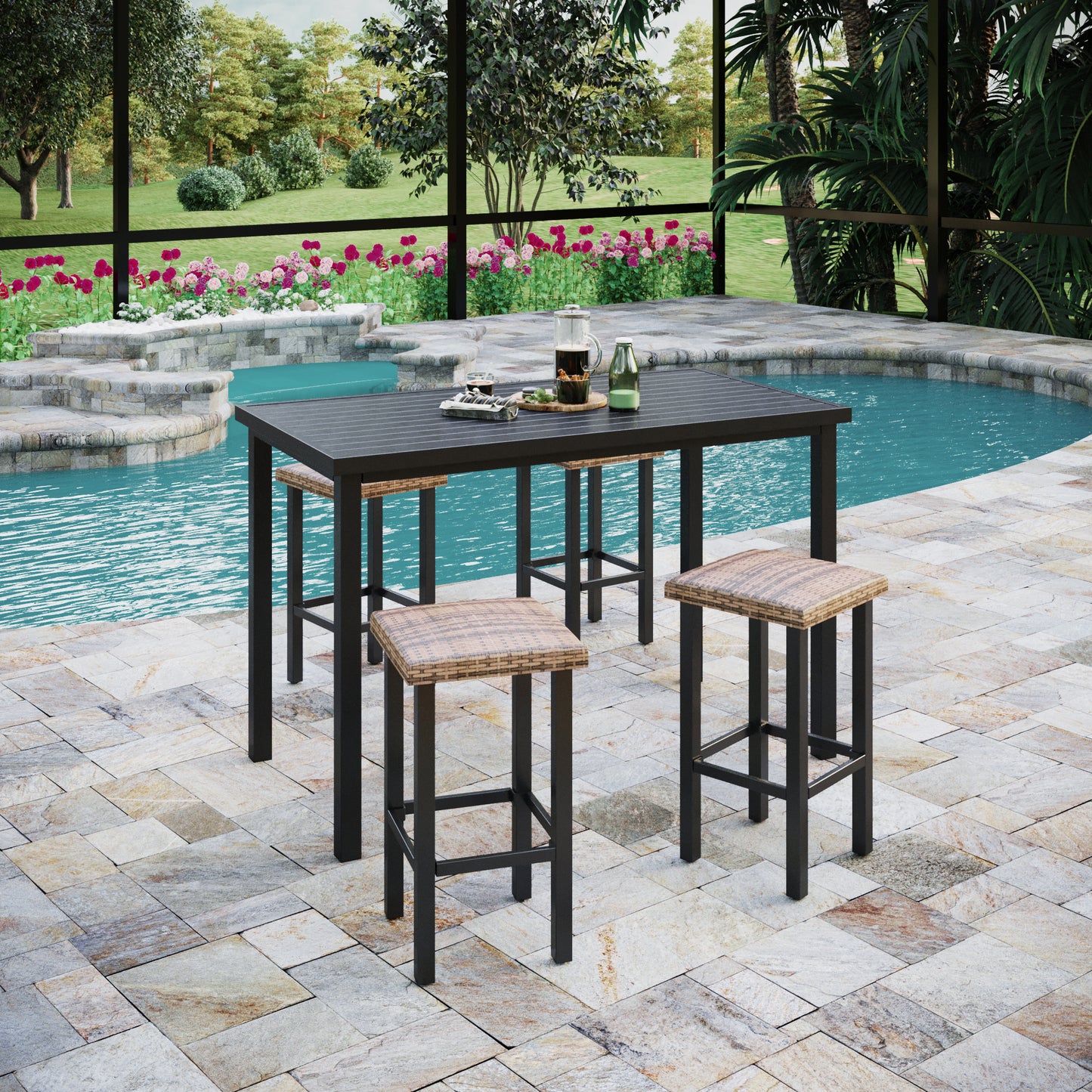 Captiva Designs Outdoor Patio 4Pc Counter Height Backless Rattan Wicker Bar Chairs with Adjustable Feet Mats