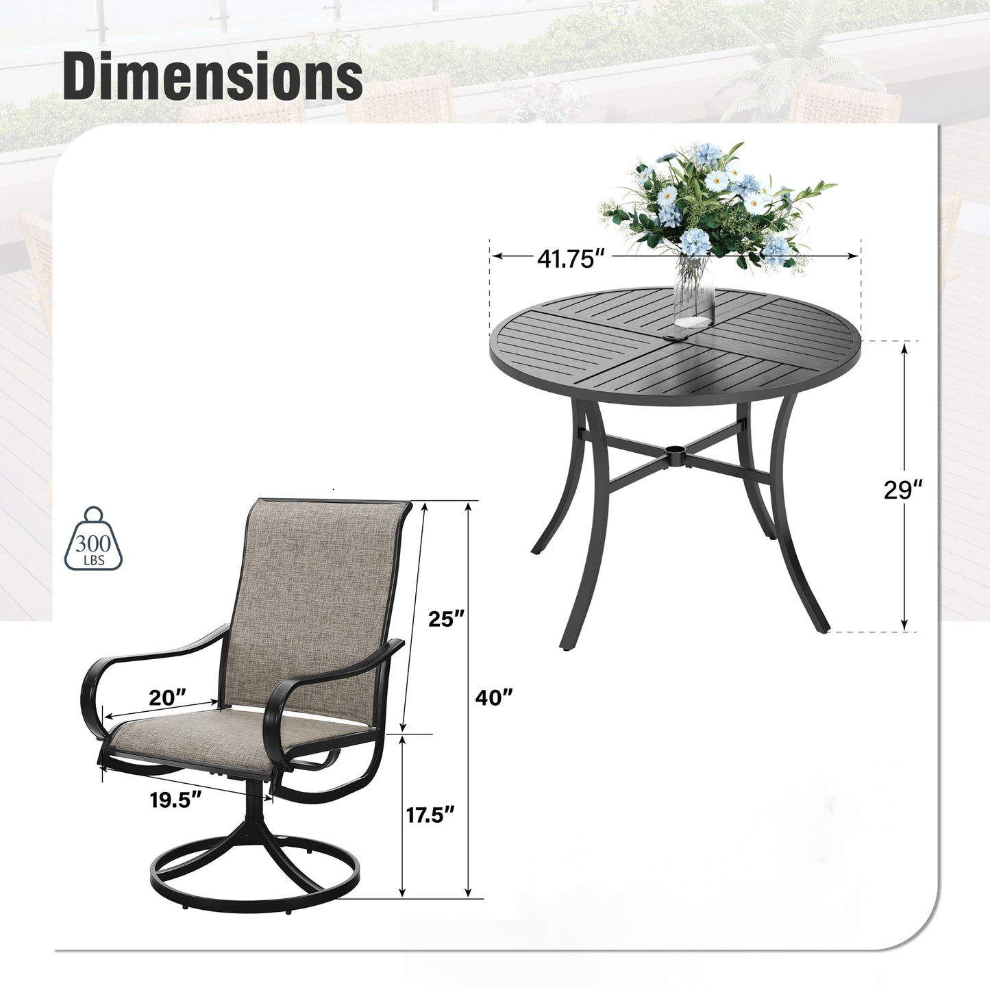 Captiva Designs 5pc Patio Dining Steel Table & Textilene 360 Degree Swivel Chairs