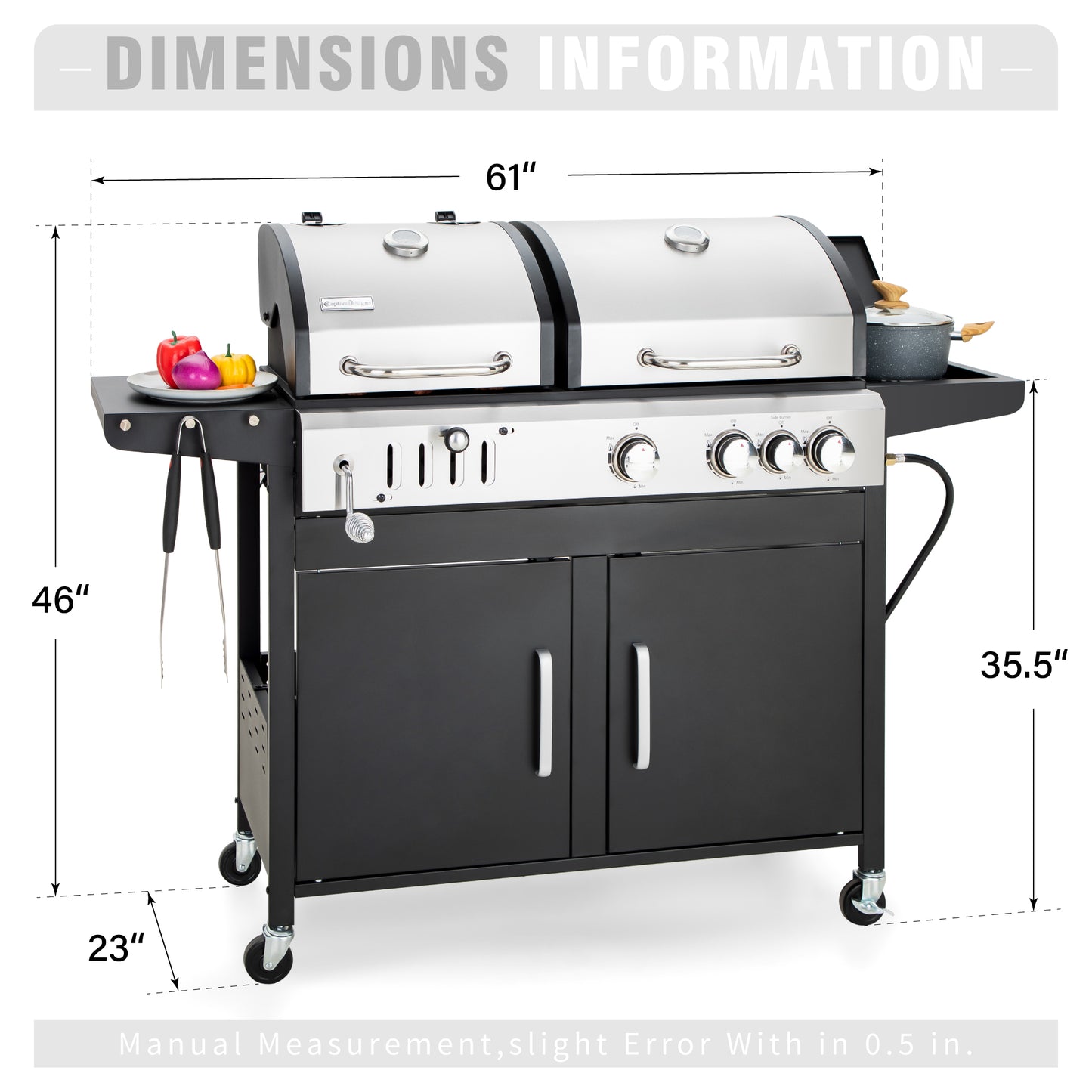 Captiva 设计双燃料丙烷和木炭烧烤炉组合,带侧炉 - 690 平方英寸烹饪区