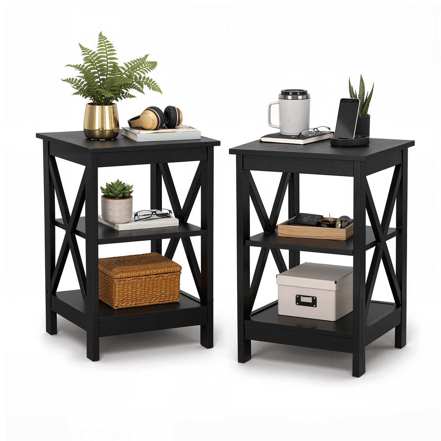 Captiva Designs Farmhouse End Table Set of 2, 3-Tier Rustic Side Tables with X-Shape Design, Wooden Nightstands for Living Room or Bedroom