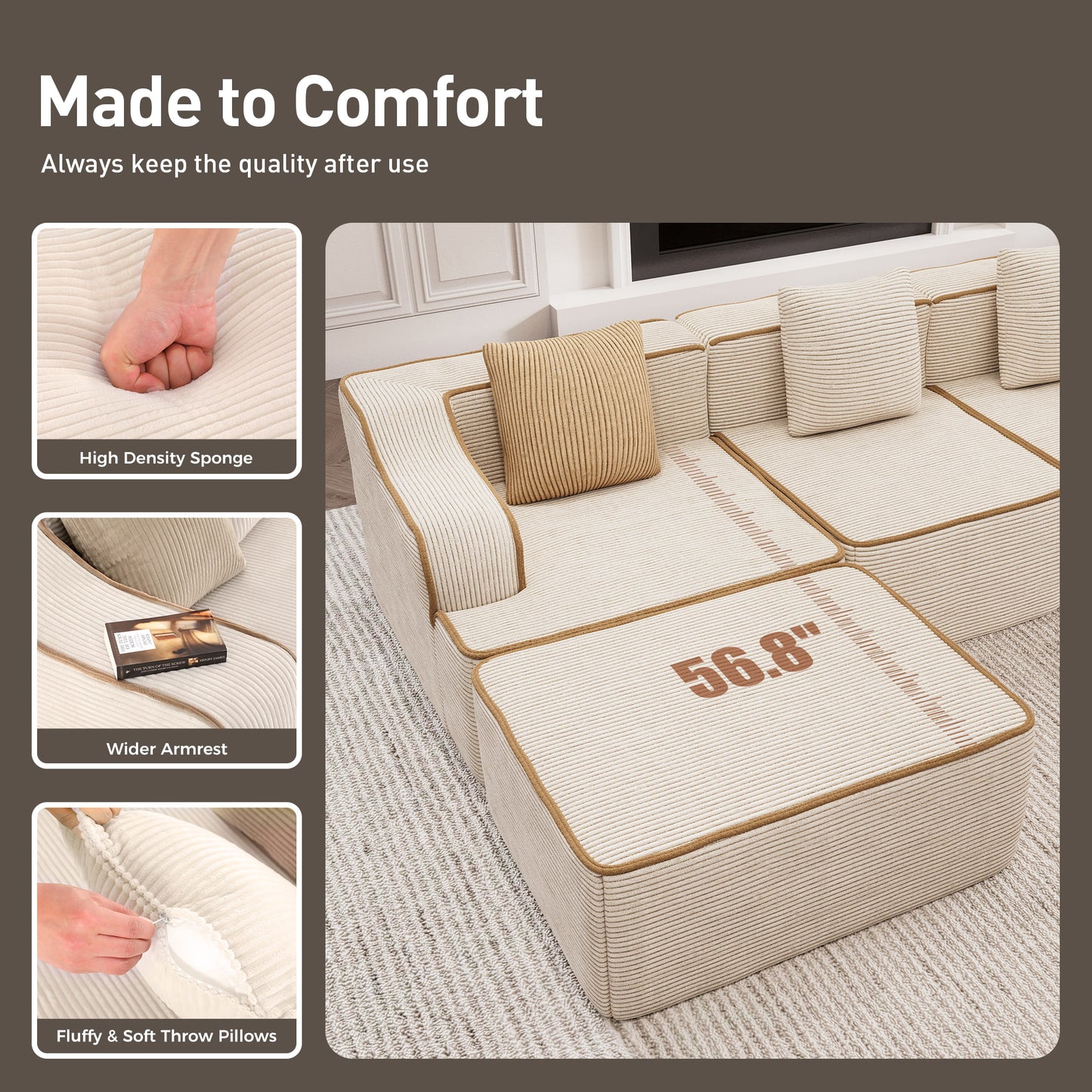 Captiva Designs 124" L-Shaped Sectional Sofa with Ottoman and 3 Pillows, 4-Seater Modular Cloud Couch for Living Room, Corduroy Fabric