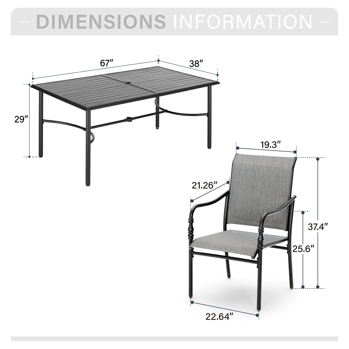 Captiva Designs 7 Pc Patio Outdoor Dining Set with Slat Tabletop Rectangular Table & Gray Textilene Fixed Chairs
