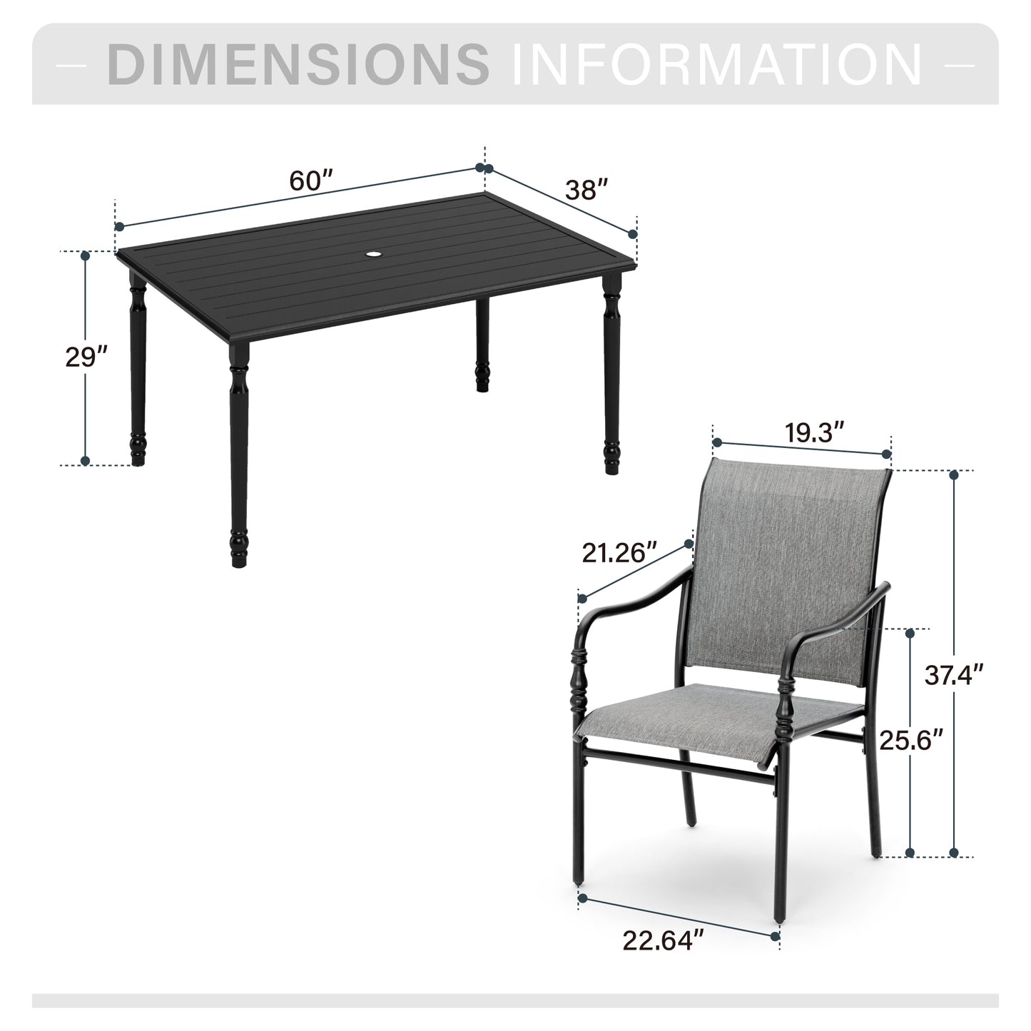 Captiva Designs 7 Pc Patio Outdoor Dining Set with Slat Tabletop Rectangular Table & Gray Textilene Fixed Chairs