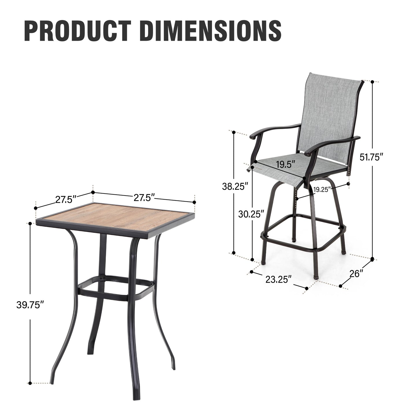 Captiva Designs 3Pc Outdoor Patio Dining Bar Set with Steel Steel Table & Sling Swivel Bar Stools