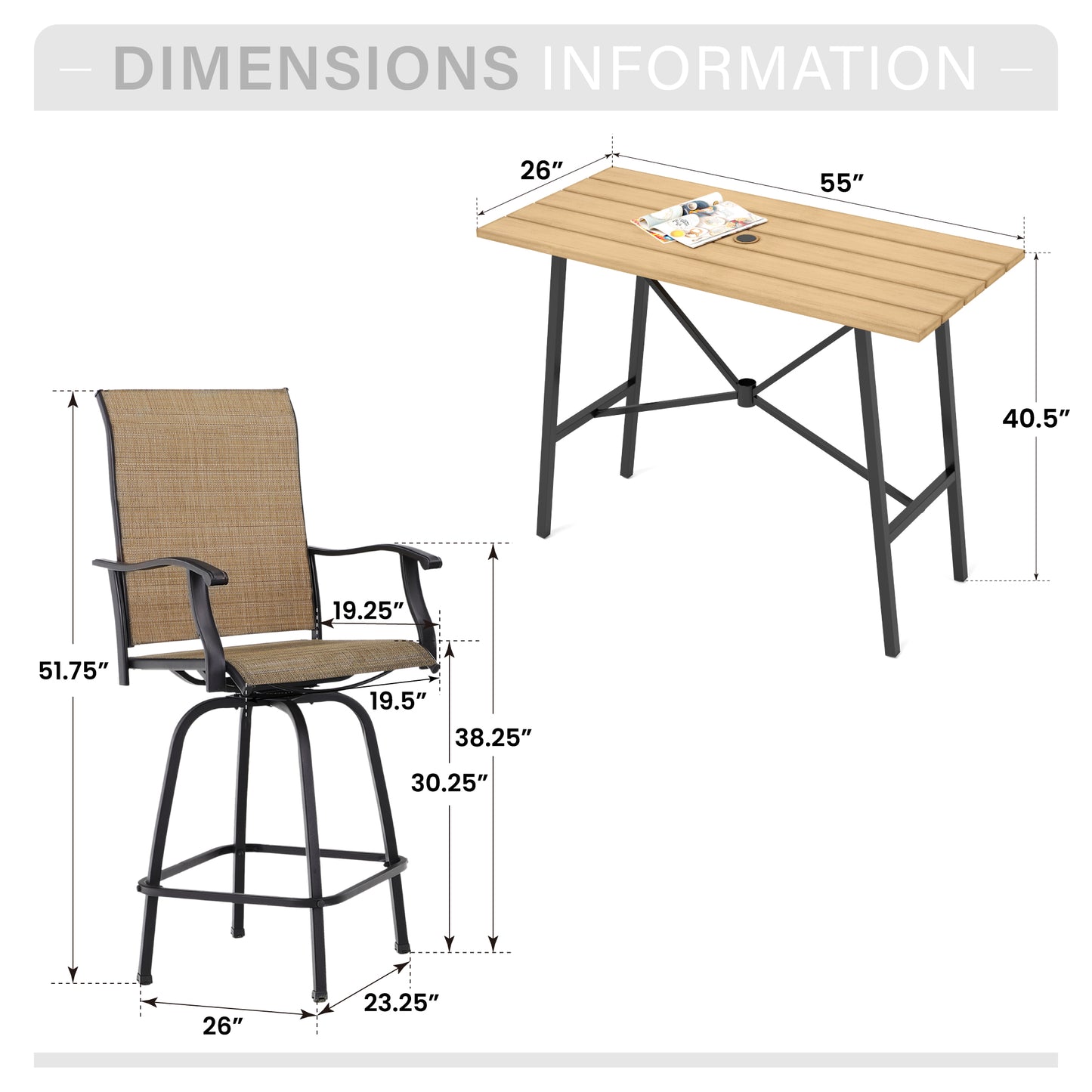 Captiva Designs 5pc Patio Slat-top Rectangle Wood-look Finished Metal Bar Table & Sling Swivel Bar Stools