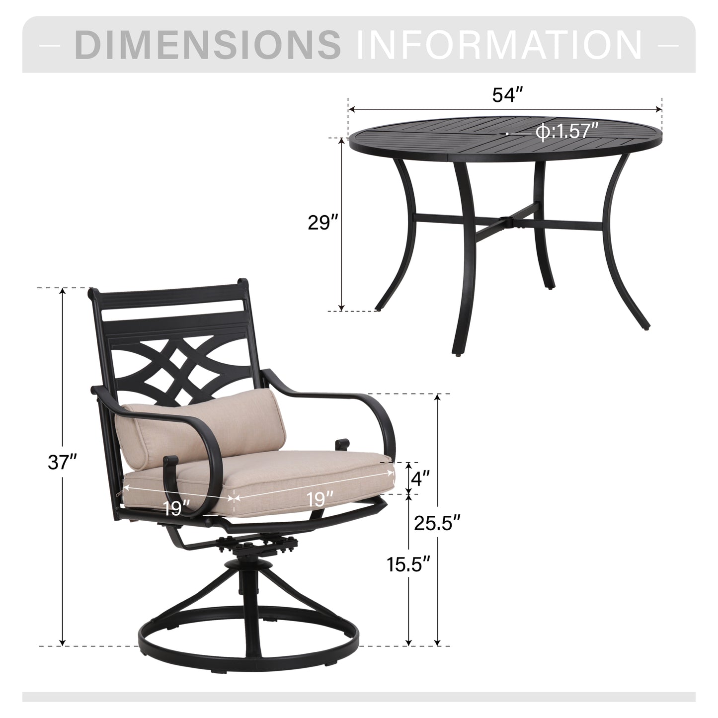 Captiva Designs 7pc Black Round Slatted Steel Table with Umbrella Hole & Metal Chairs with Seat Cushions and Waist Pillows