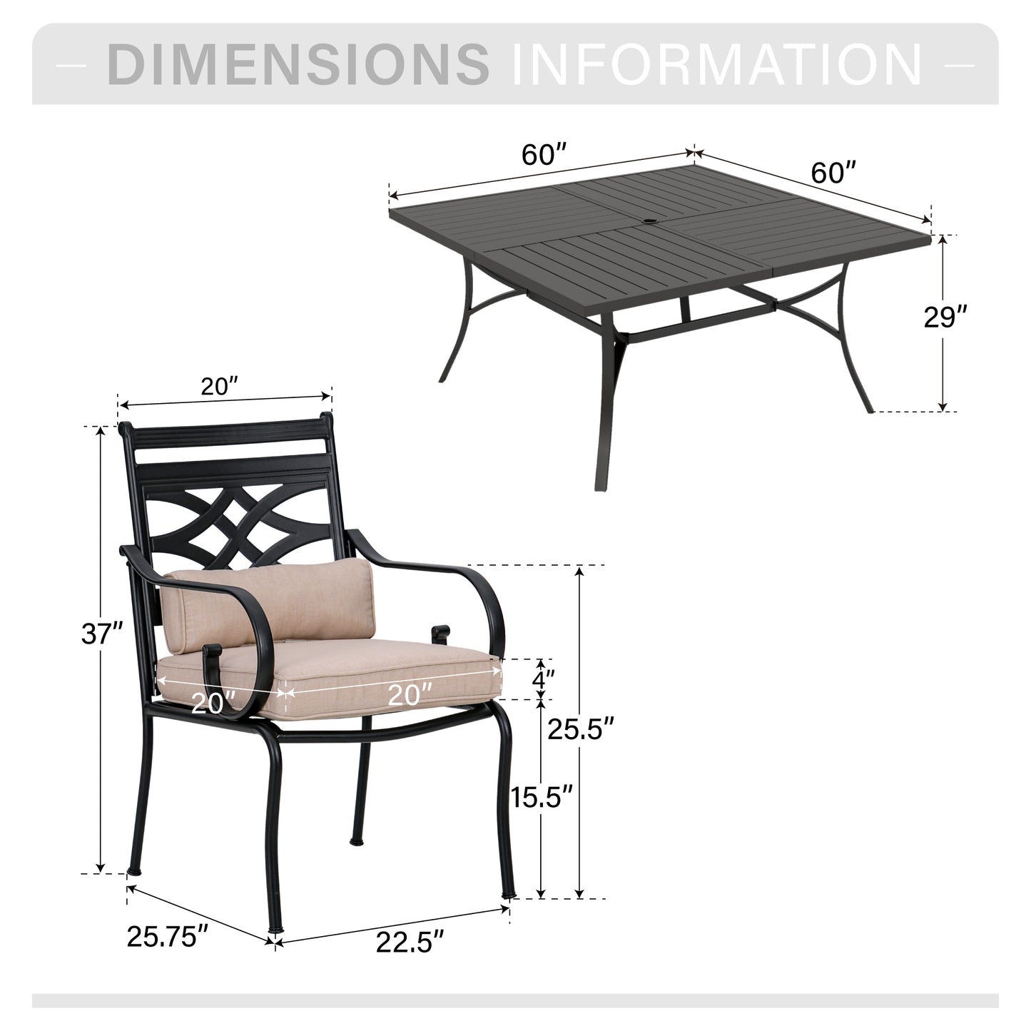 Captiva Designs 9pc Spacious Slat-top Square Metal Table with Umbrella Hole & Fixed Metal Chairs with Cushions