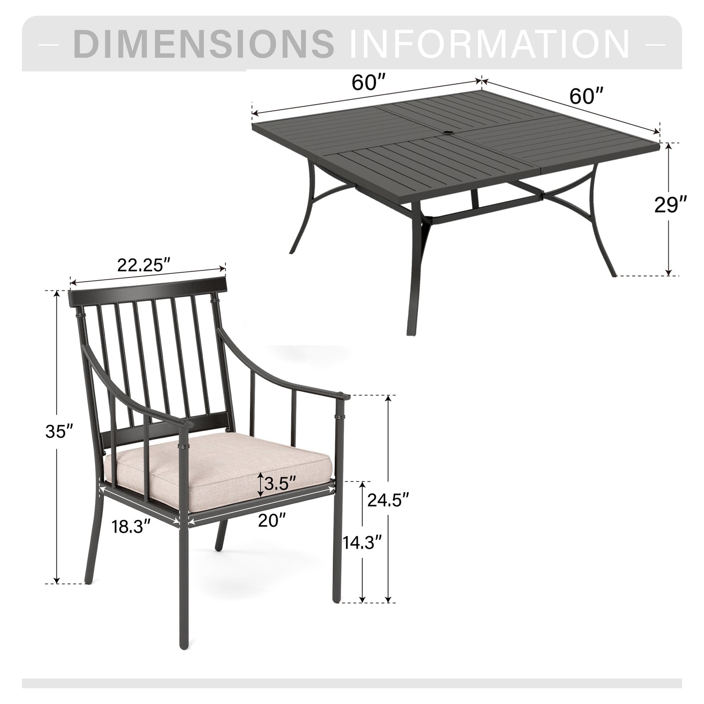 Captiva Designs 9pc Spacious Slat-top Square Metal Table with Umbrella Hole & Stylish Metal Arm Chairs