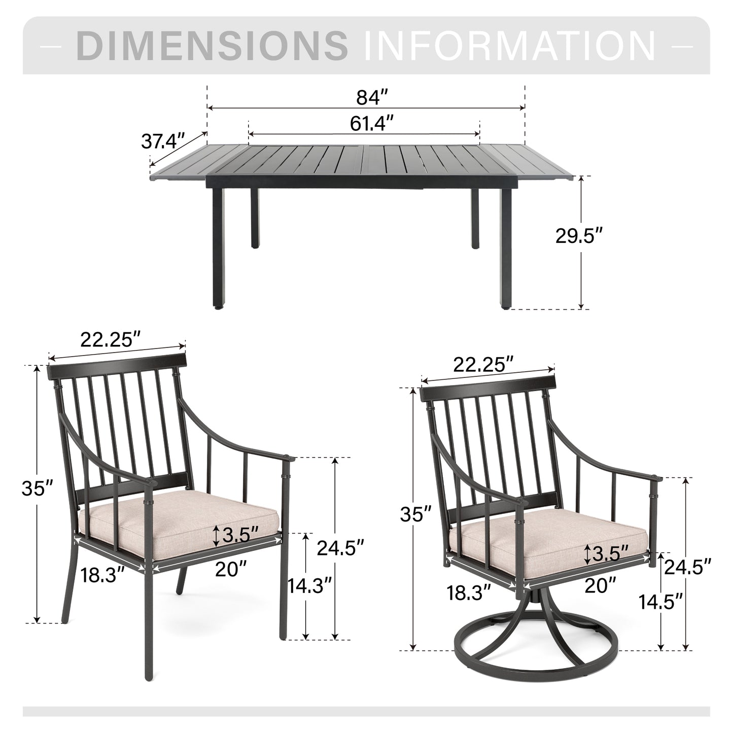 Captiva Designs 9pc Patio Dining Set with Slat-top Adjustable Steel Rectangle Table & Stylish Metal Arm Chairs