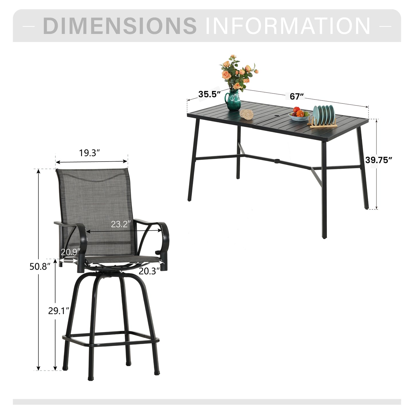 Captiva Designs 7pc Outdoor Patio Slatted Top Rectangle Metal Bar Table & Sling Swivel Bar Stools