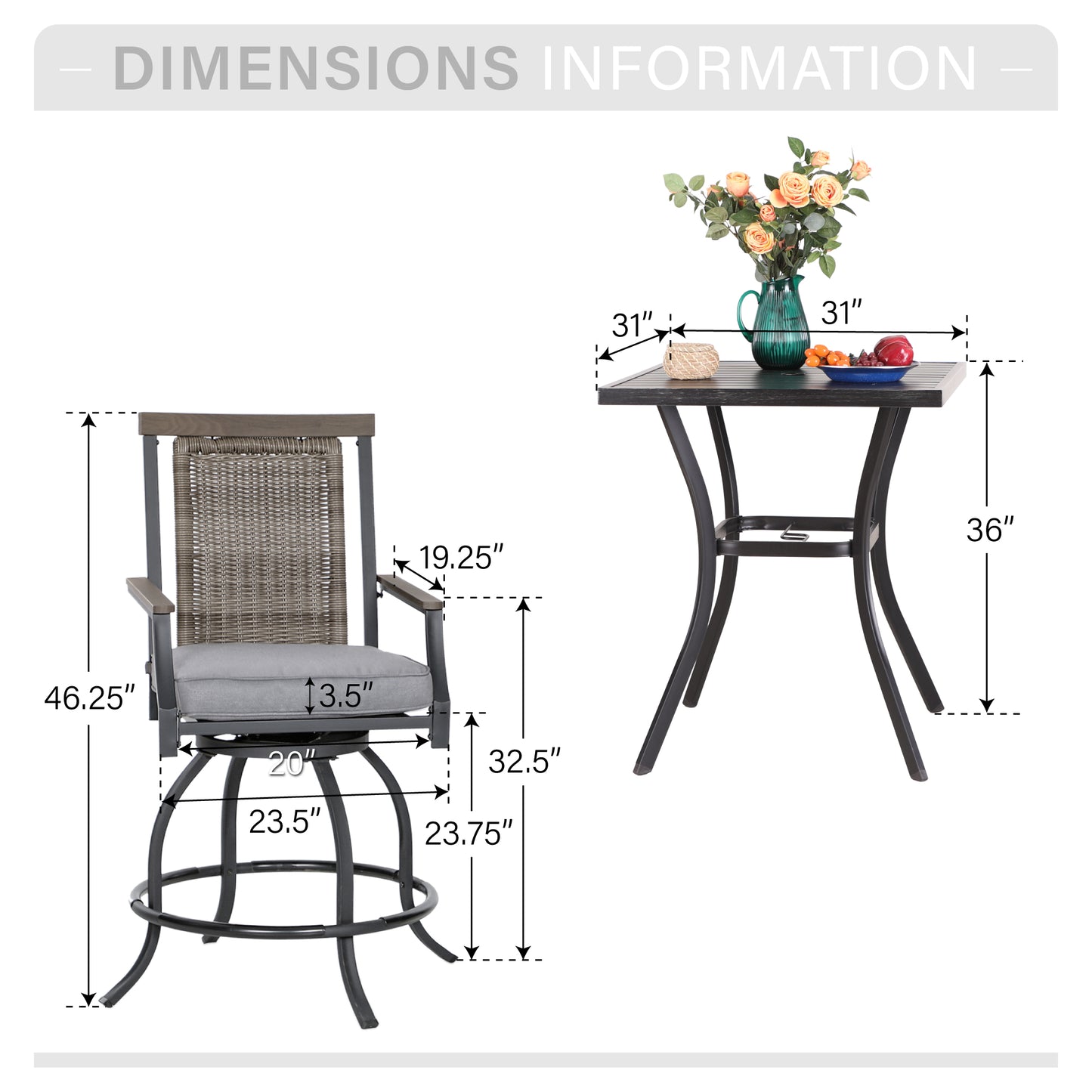 Captiva Designs 3pc Outdoor Patio Metal Bar Height Table & Bar Swivel Chair with Cushion and Armrest