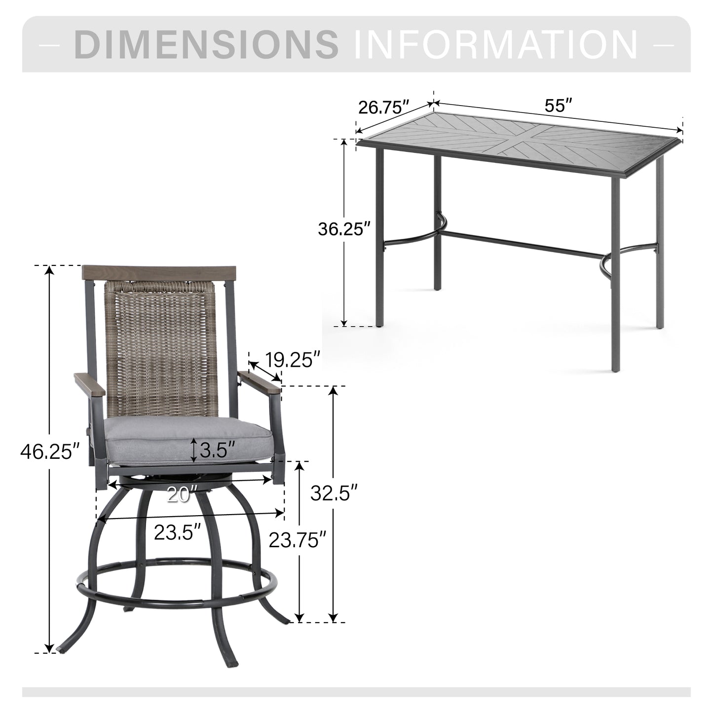 Captiva Designs 5 件金属吧台高方桌,带伞孔和酒吧旋转椅,带扶手和坐垫