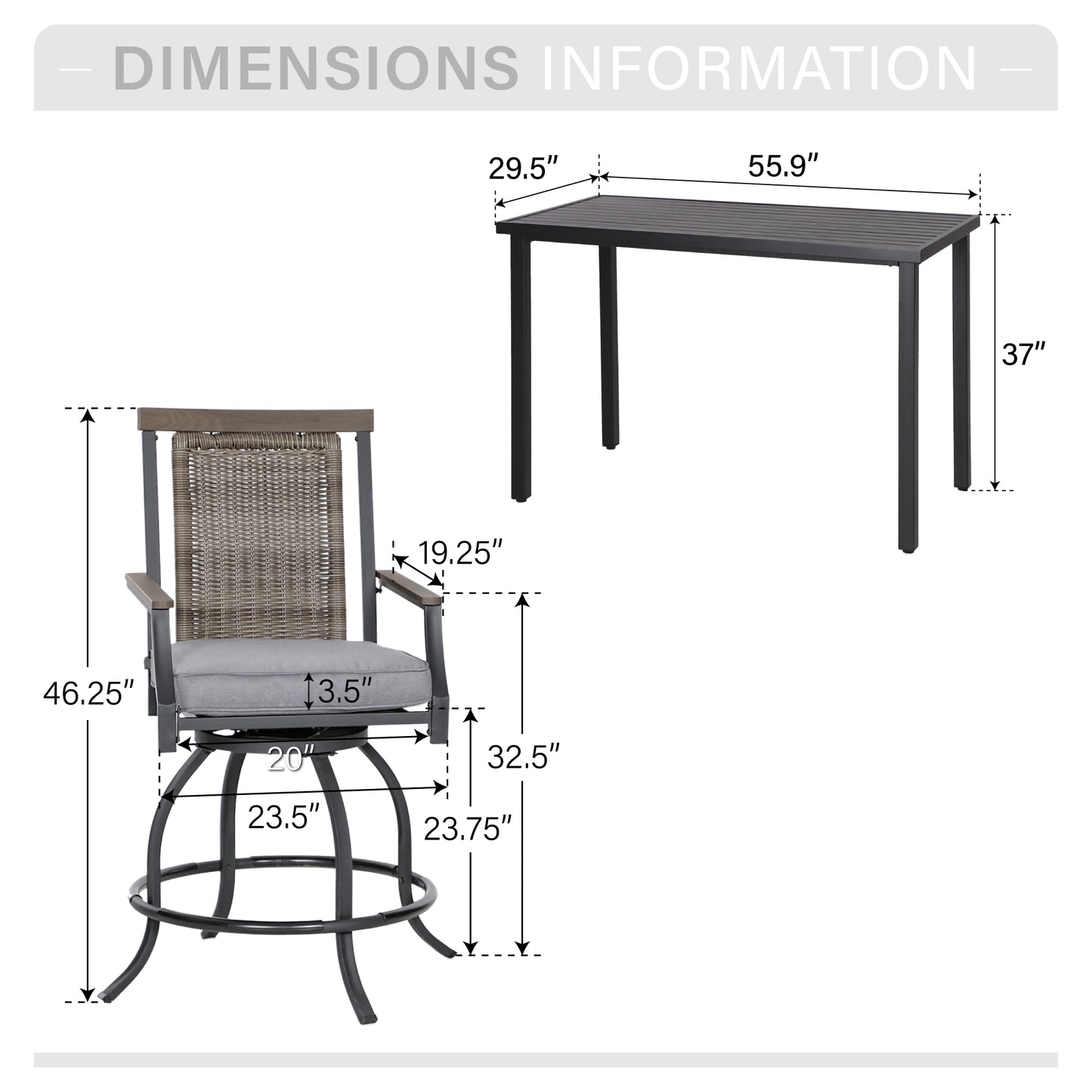 Captiva Designs 5pc Outdoor Patio Metal Bar Height Table & Bar Swivel Chair with Cushion and Armrest