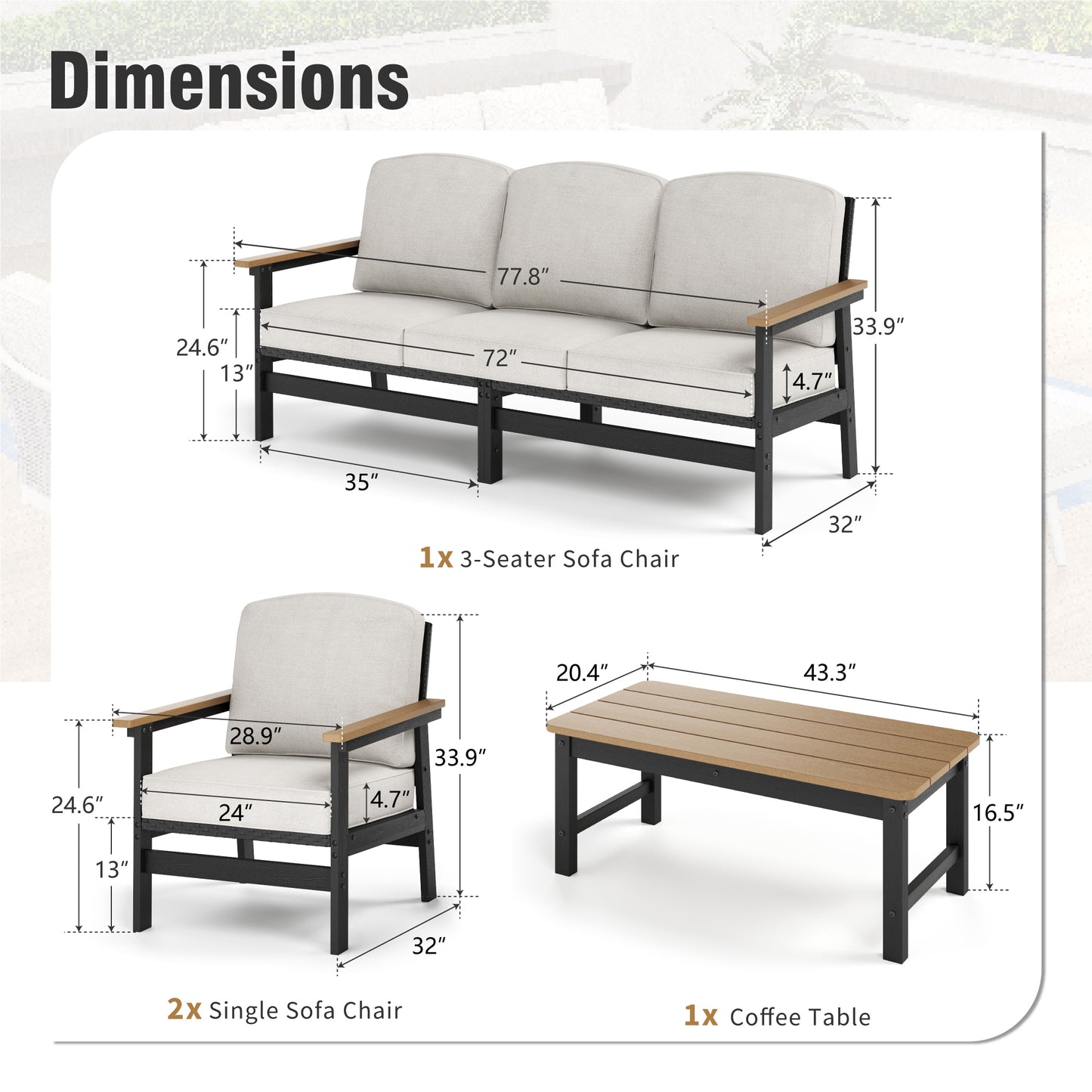 All Weather HDPE Outdoor Patio Furniture Conversation Set with Beige Cushions and Coffee Table