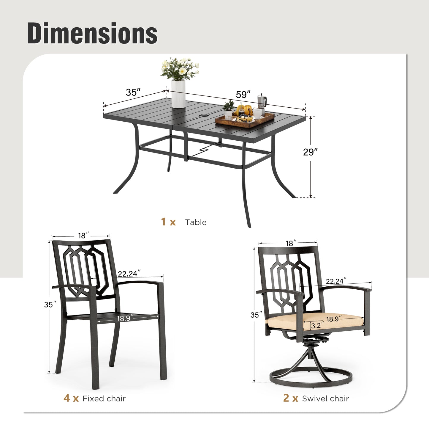 Captiva Designs 7 件套露台餐桌椅套装,配有带顶板的矩形桌子、可叠放的固定椅子和旋转钢椅