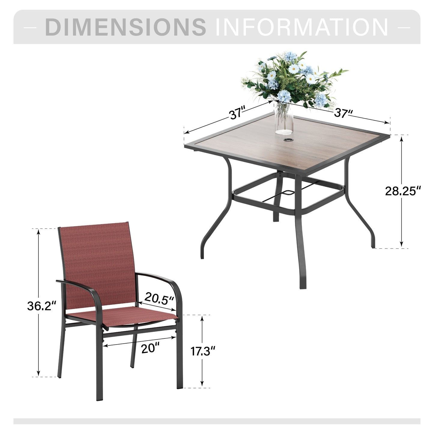 Captiva Designs 5 件套露台餐桌椅套装,配有带顶板的方桌和蓝色吊带固定椅