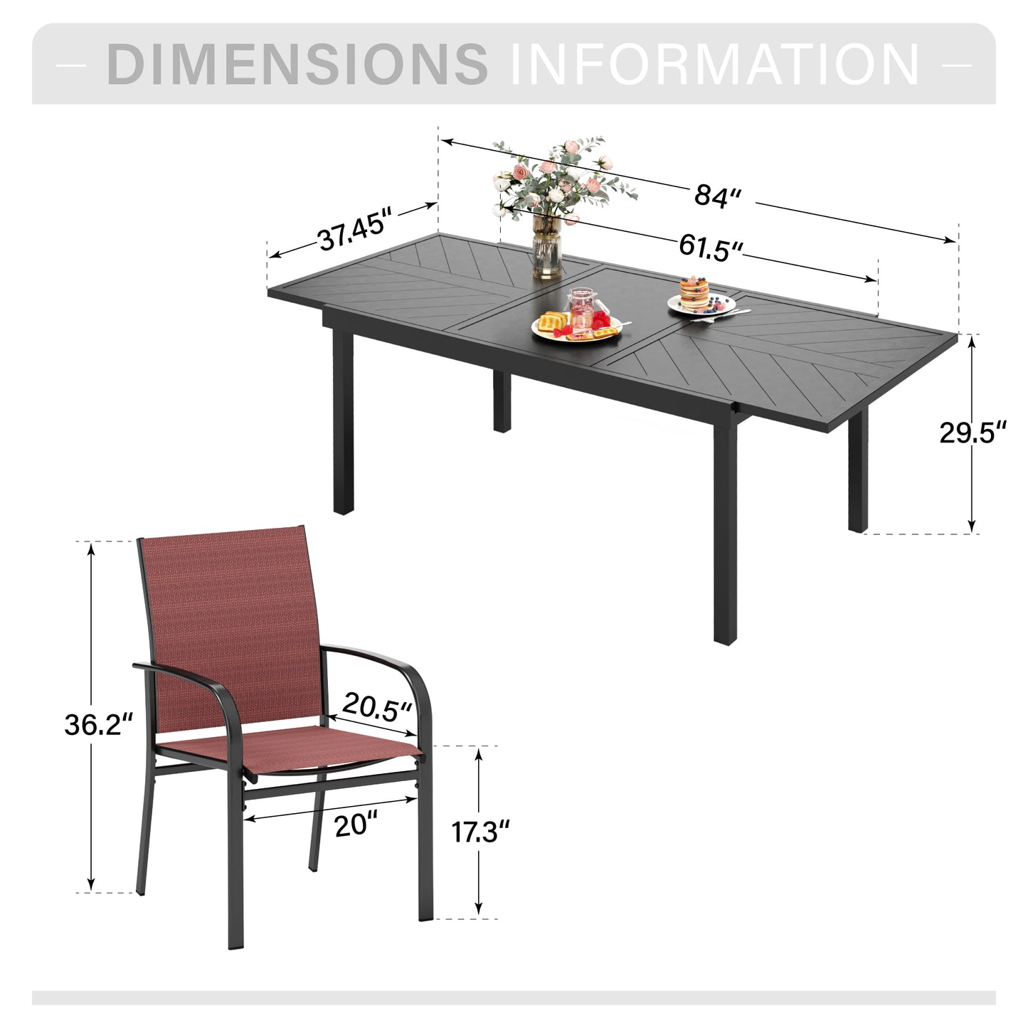Captiva Designs 9pc Patio Dining Set with Black Expandable Steel Rectangle Table & Sling Fixed Chairs