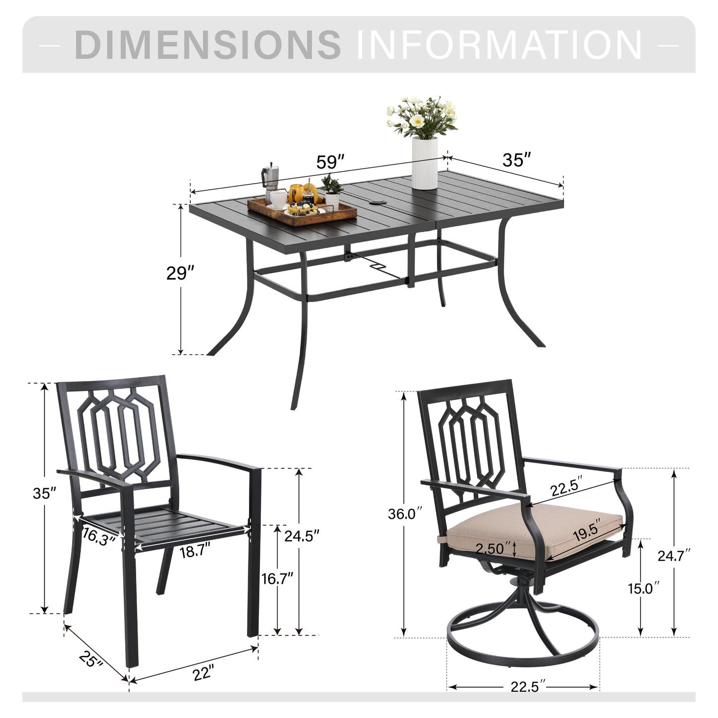 Captiva Designs 7pc Patio Dining Set with Slat-top Rectangle Steel Table & Metal Chairs