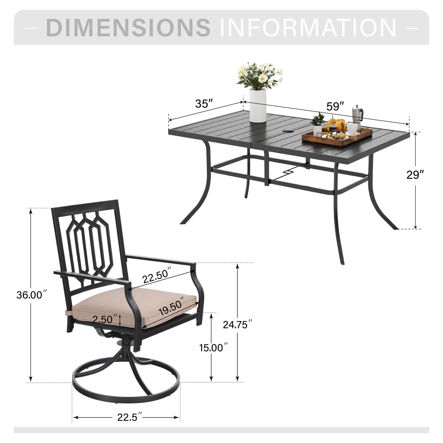 Captiva Designs 7pc Outdoor Patio Dining Slat-top Rectangle Steel Table & Swivel Metal Chairs