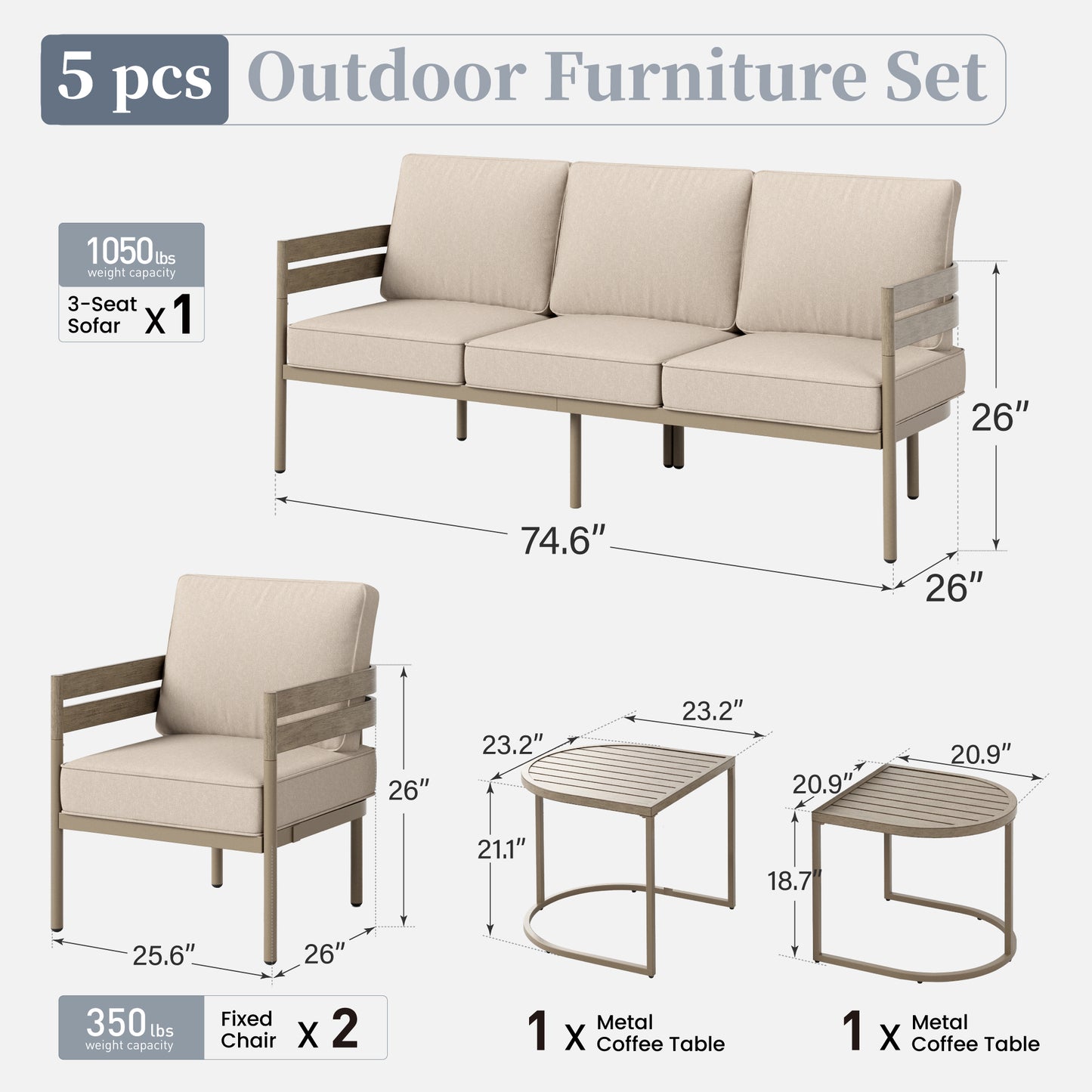 Captiva Designs 4 Pieces Outdoor Patio Wood-Like Furniture Conversation Set with Ultra Thick Cushion and Nesting Coffee Table