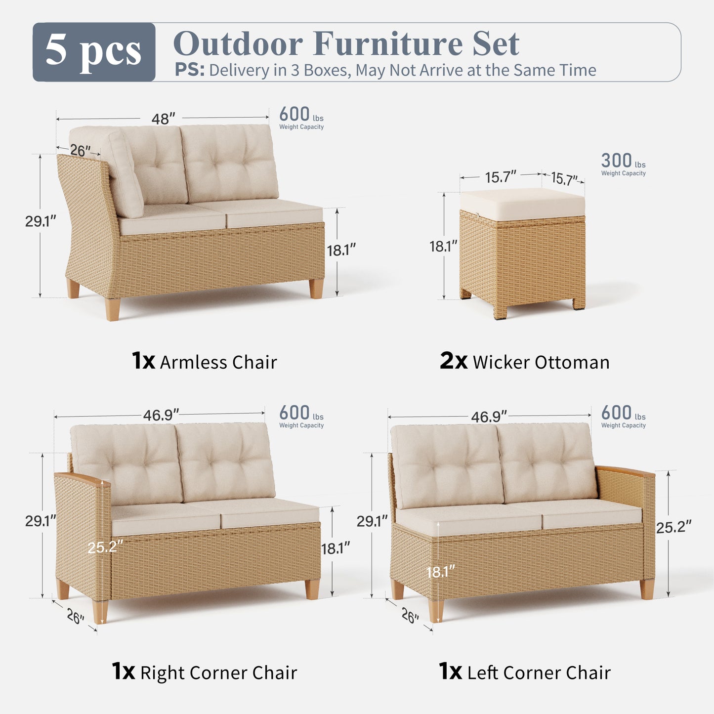 Captiva Designs Outdoor Patio Wicker Conversation Set, Outside L-Shaped Sectional Sofa Couch with 2 Ottomans