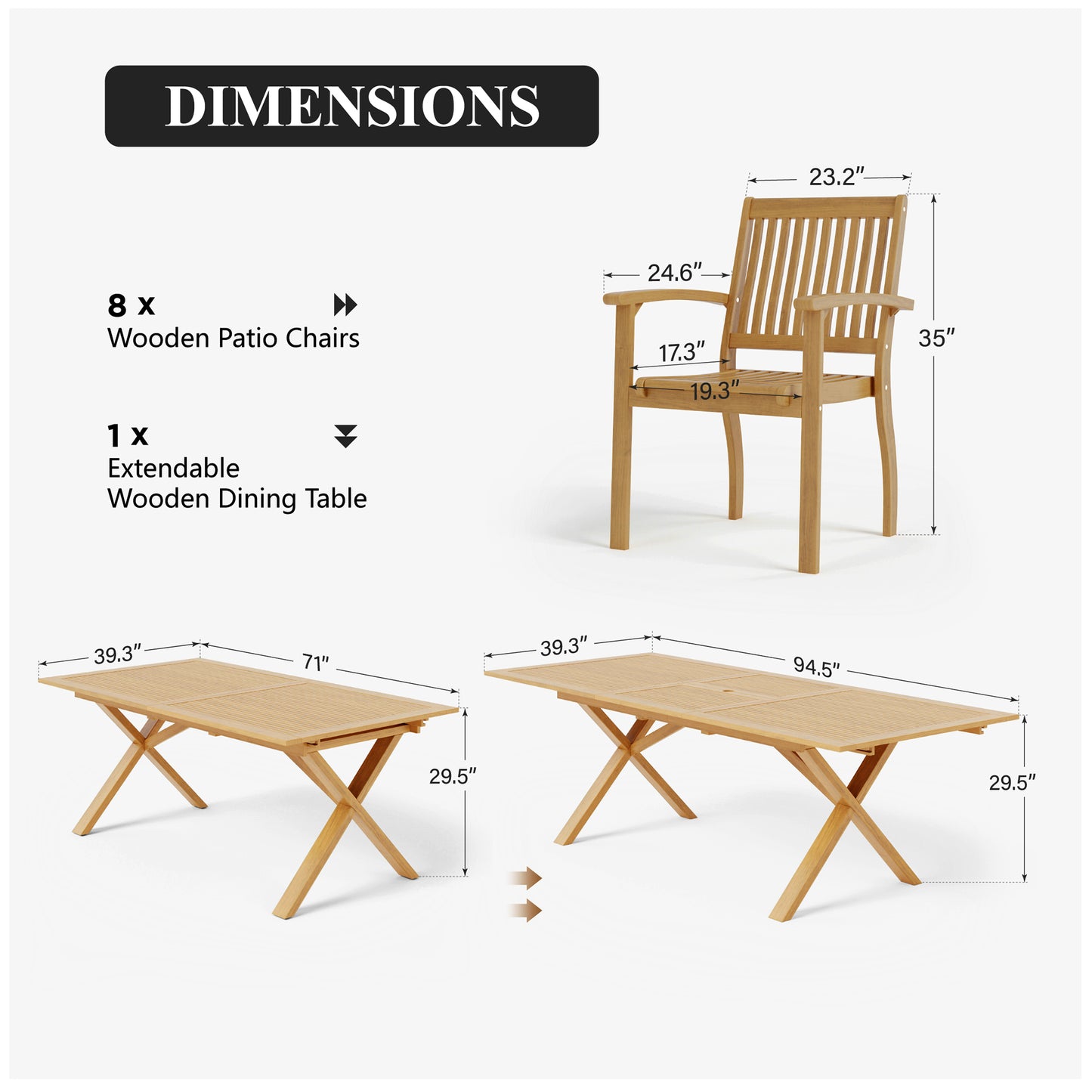 Captiva Designs 9 件套相思木露台家具套装,带可扩展桌子和软垫椅子