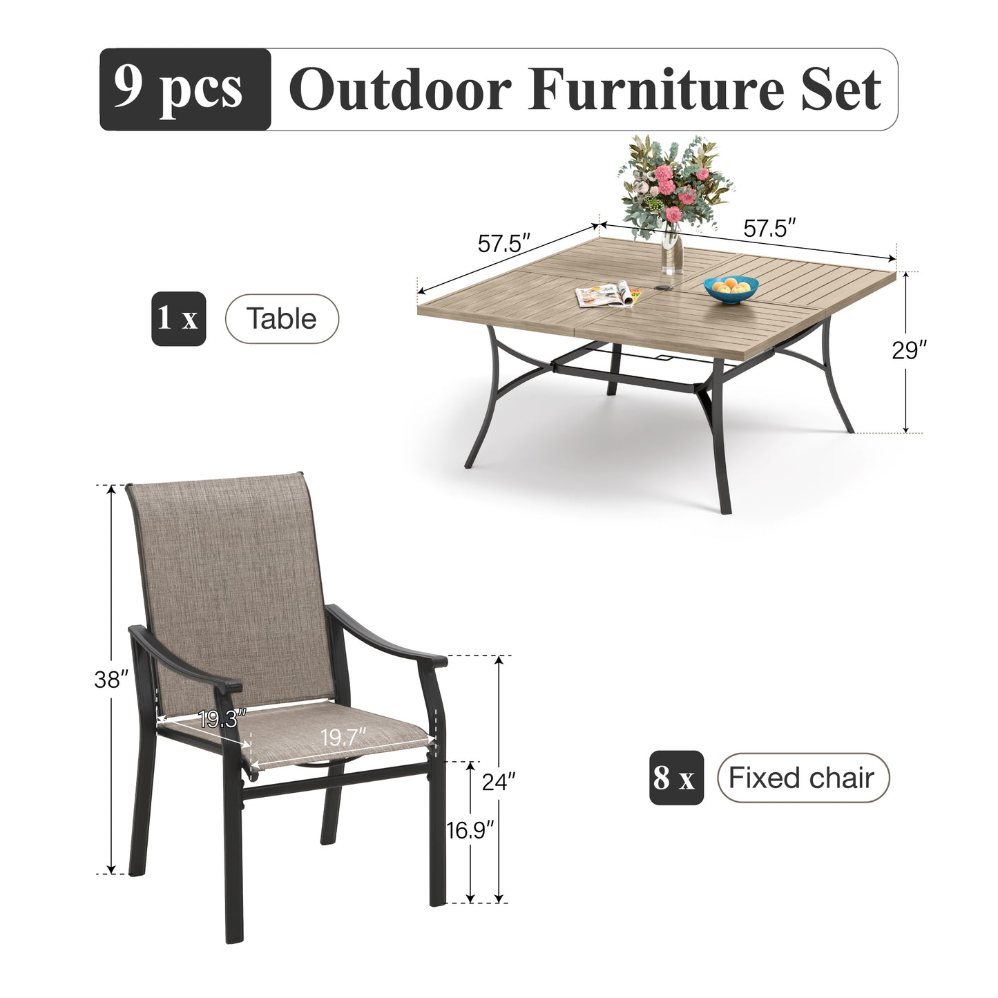 Captiva Designs 9pc Spacious Slat-top Square Metal Table with Umbrella Hole & Brown Textilene Fixed Chairs