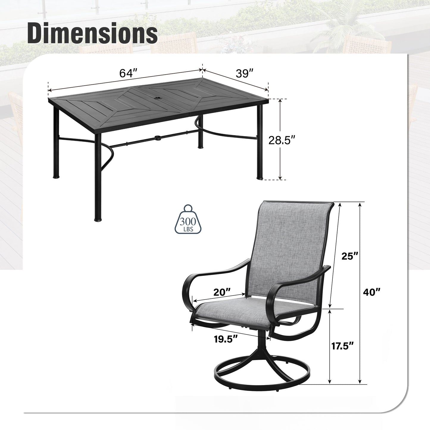 Captiva Designs 7pc Patio Dining Steel Rectangle Table & Textilene 360 Degree Swivel Chairs