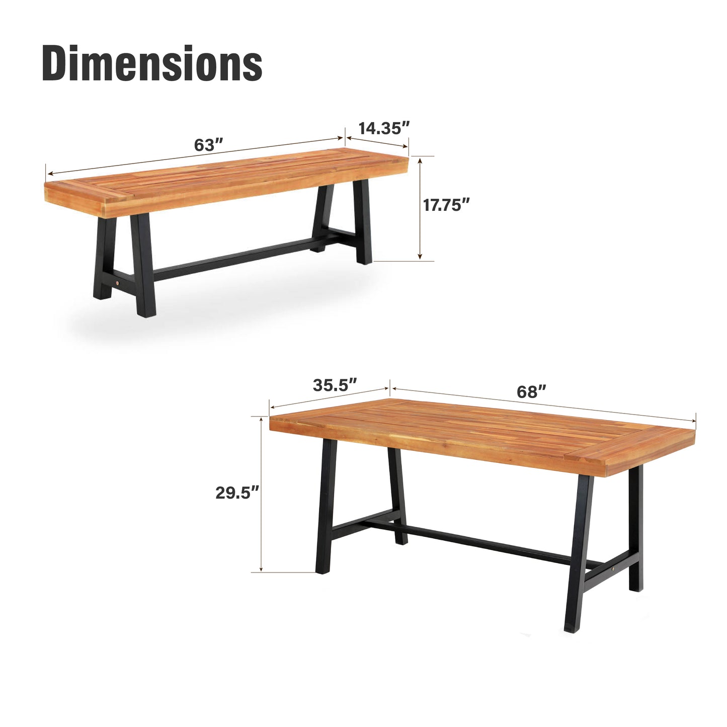 Captiva Designs Patio Dining Oil Finished Tabletop and Spray Painted Leg Acacia Wood Table & Backless Acacia Wood Bench
