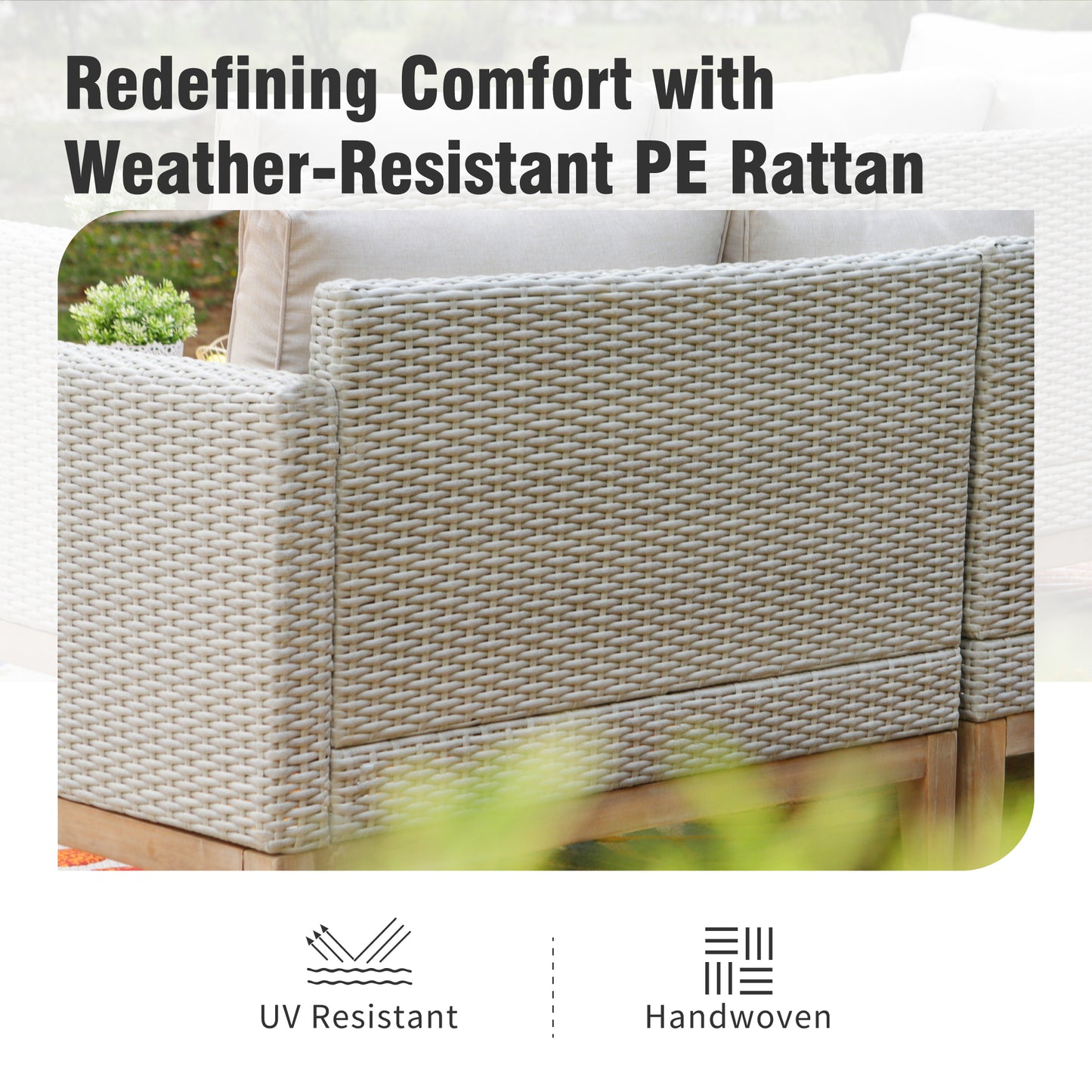 Captiva Designs 5pc outdoor patio wicker rattan cushioned conversation set with armchairs, ottomans and solid wood table