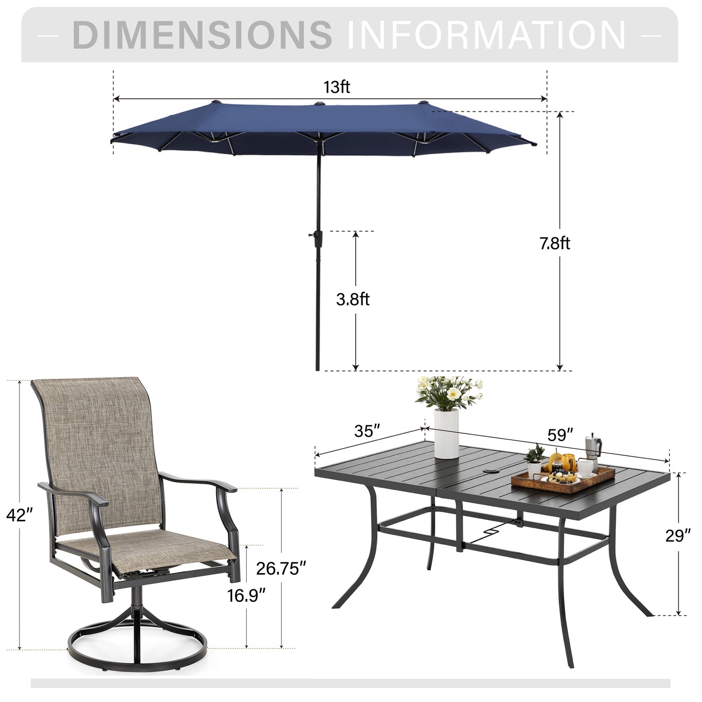 Captiva Desighttps 8pc Patio Dining Slat-top Rectangular Steel Table & Padded Sling Swivel Chairs & Market Umbrella