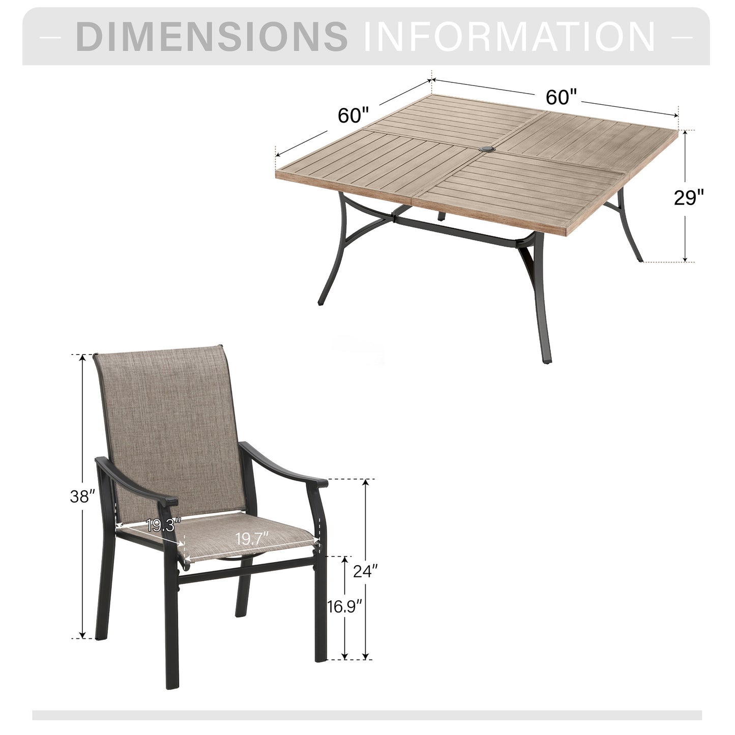 Captiva Designs 9pc Spacious Slat-top Square Metal Table with Umbrella Hole & Brown Textilene Fixed Chairs